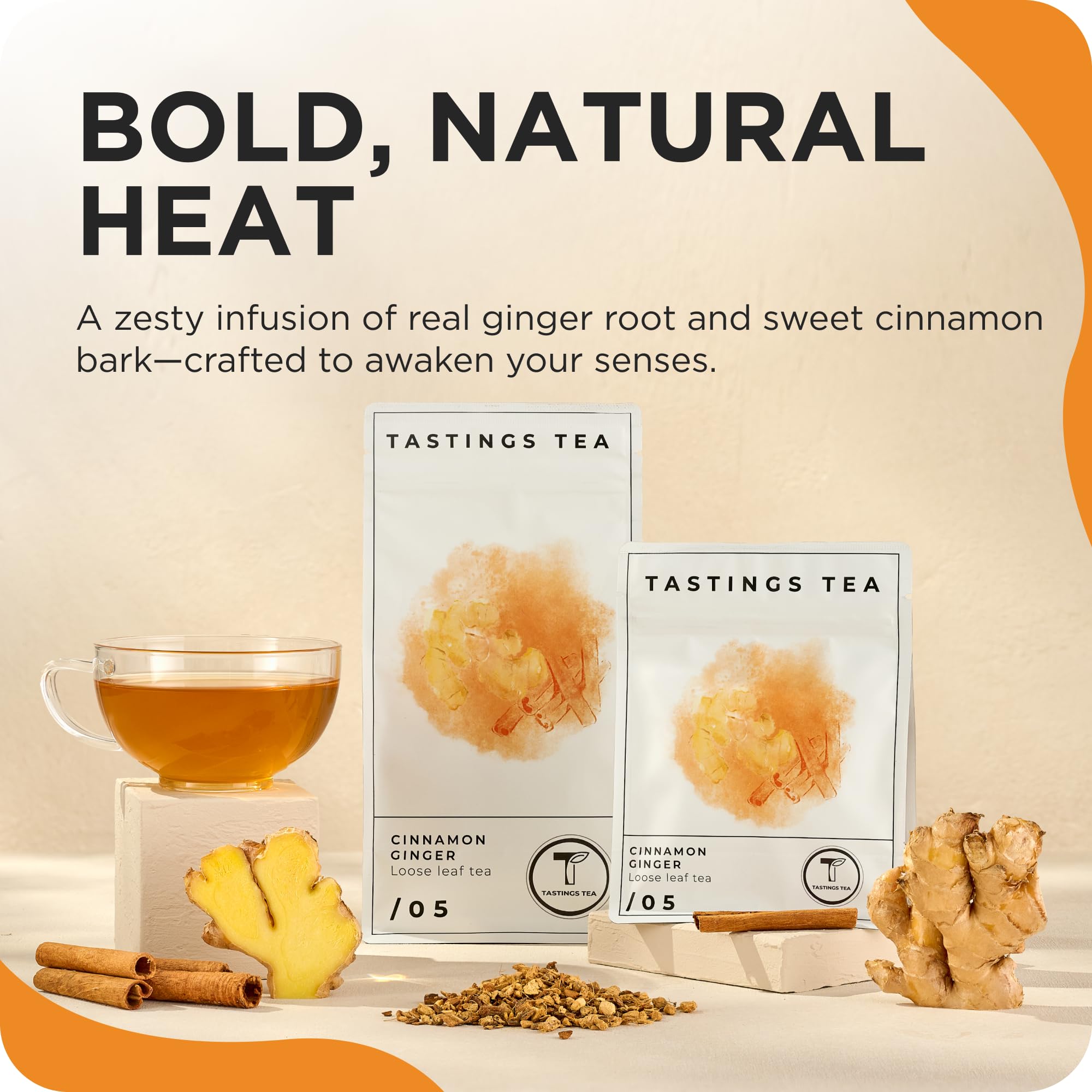 Tastings Tea Cinnamon Ginger Loose Leaf, 8 oz | Winter Warming Herbal Spice Blend for a Seasonal Brew | Natural Antioxidants for Wellness | Small