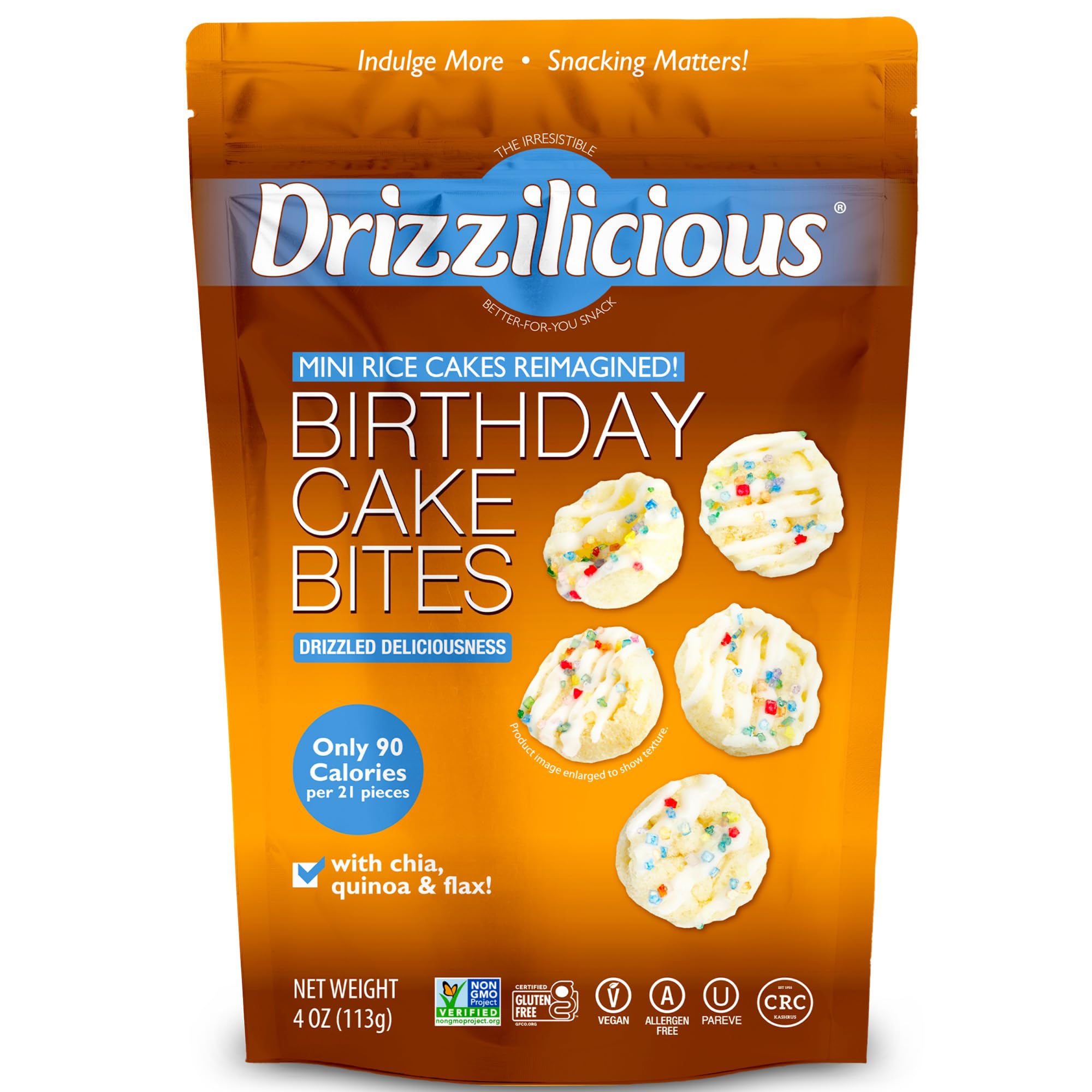 Drizzilicious Mini Flavored Rice Cakes Birthday Cake - Rice Crisps, Healthy Snack for Adults and Kids, Vegan, Gluten Free Snack, Allergen Free, Only