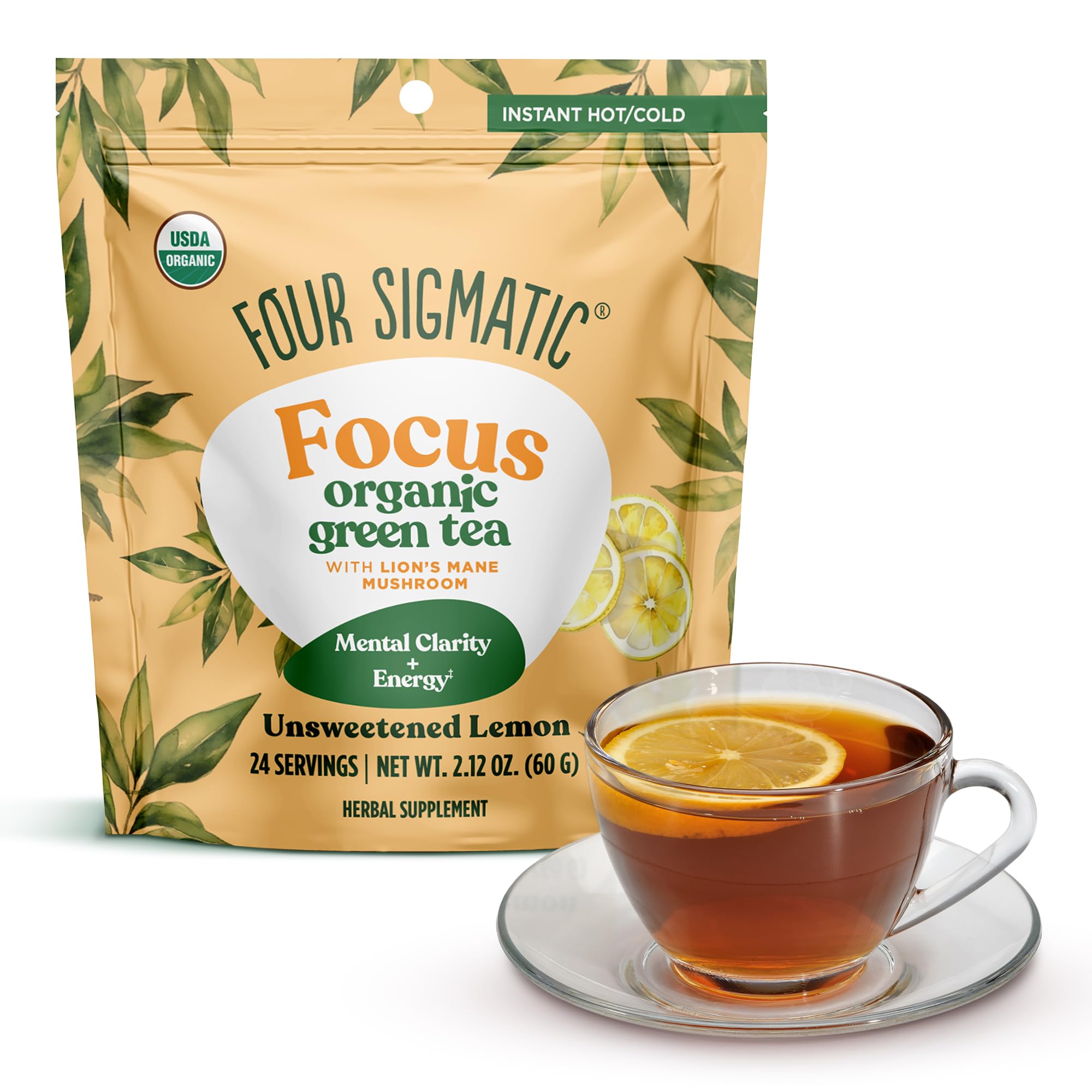 Four Sigmatic Focus Organic Green Tea | Focus Enhancing Tea with Lion's Mane Mushroom Extract | Organic Green Tea, Mint, and Rose Hips | Vegan