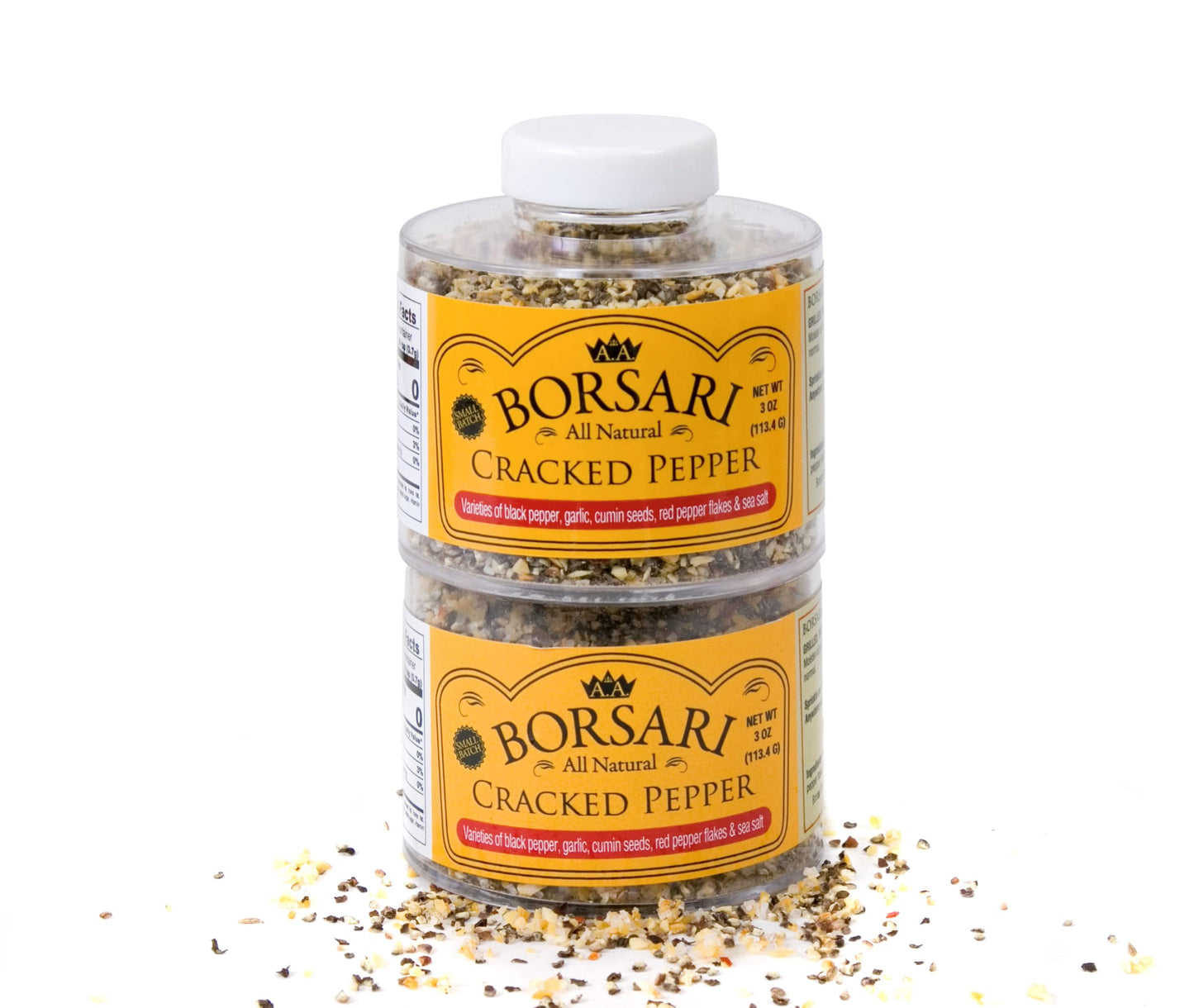 Borsari Cracked Pepper Seasoning Blend 2-Shaker Gift Set - Fresh Cracked Black Pepper Seasoned Salt Blend with Garlic & Red Pepper Flakes - Gourmet
