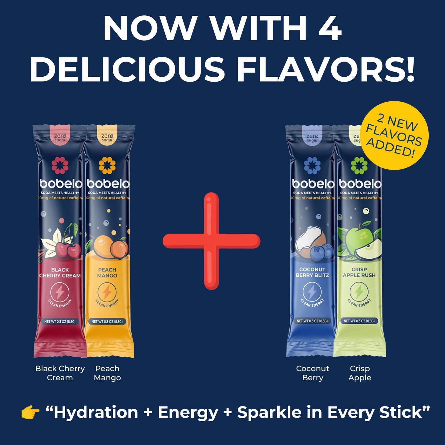 Bobelo Natural Energy Drink Powder - 4 Flavors Variety Pack, Sugar Free Self Carbonating Hydration Packets w/ 100mg Guarana Caffeine, Electrolyte
