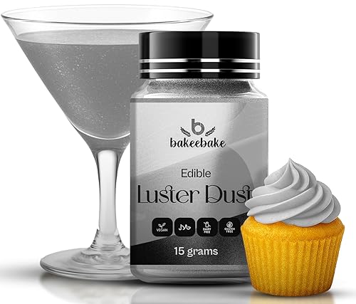 Bakeebake Silver Luster Dust Edible 15g - Edible Glitter for Drinks & Desserts - Gluten Free Edible Silver Dust for Cake Decorating - Tasteless Vegan