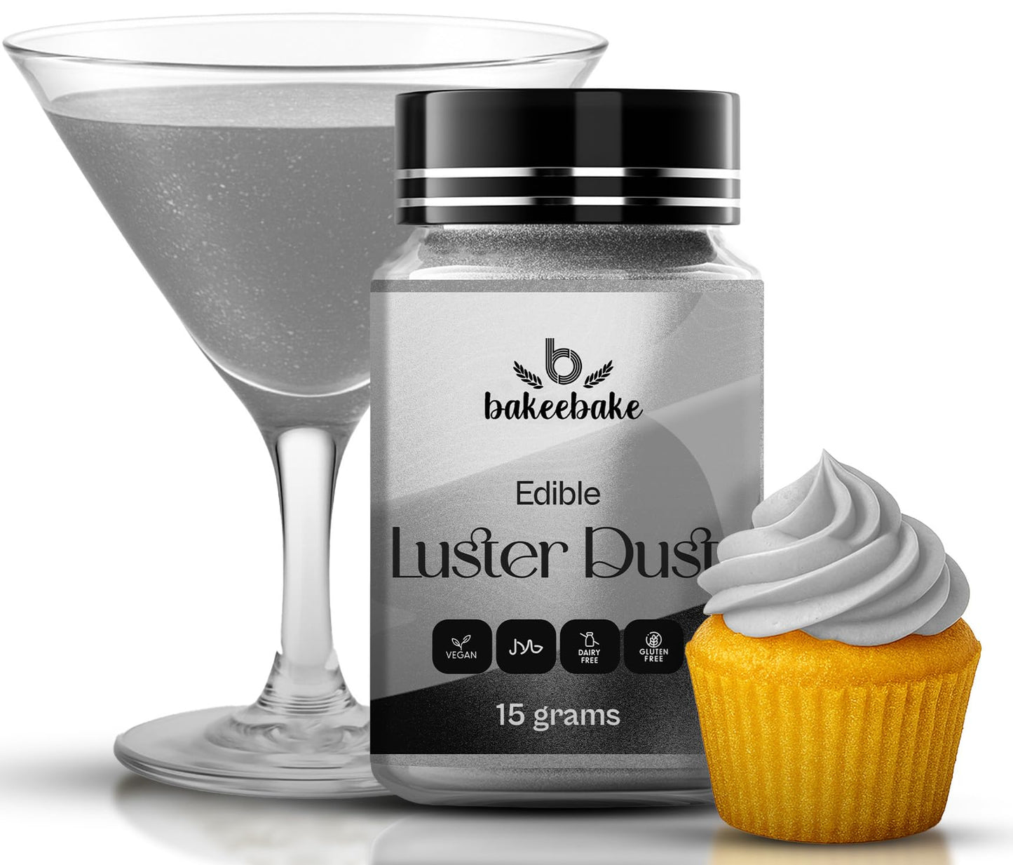Bakeebake Silver Luster Dust Edible 15g - Edible Glitter for Drinks & Desserts - Gluten Free Edible Silver Dust for Cake Decorating - Tasteless Vegan