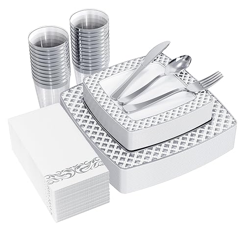 FOCUSLINE 175 Count Silver Dinnerware Set for 25 Guests, Disposable Square Plastic Plates with Diamond Rim, Includes 25 Dinner & Dessert Plates