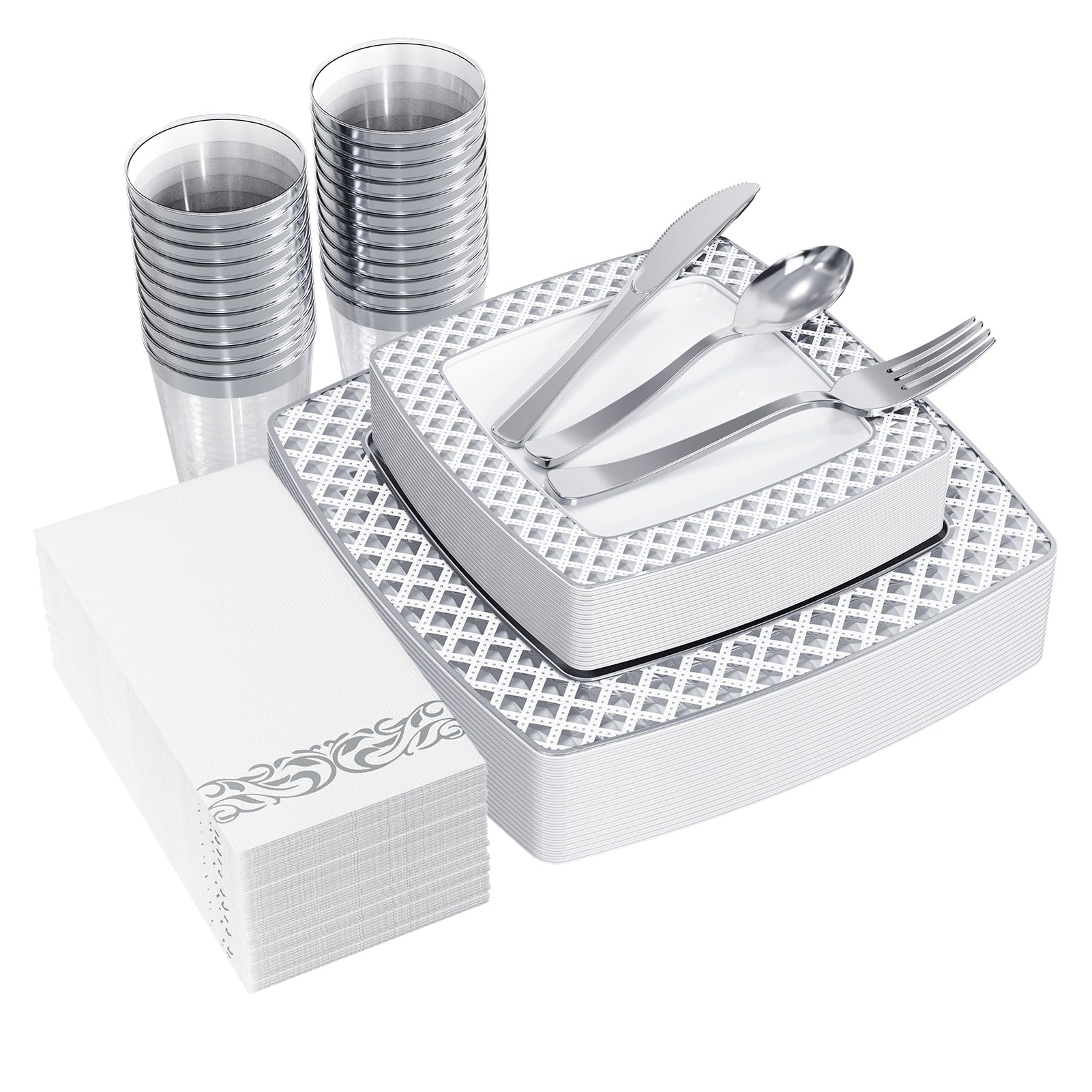 FOCUSLINE 175 Count Silver Dinnerware Set for 25 Guests, Disposable Square Plastic Plates with Diamond Rim, Includes 25 Dinner & Dessert Plates