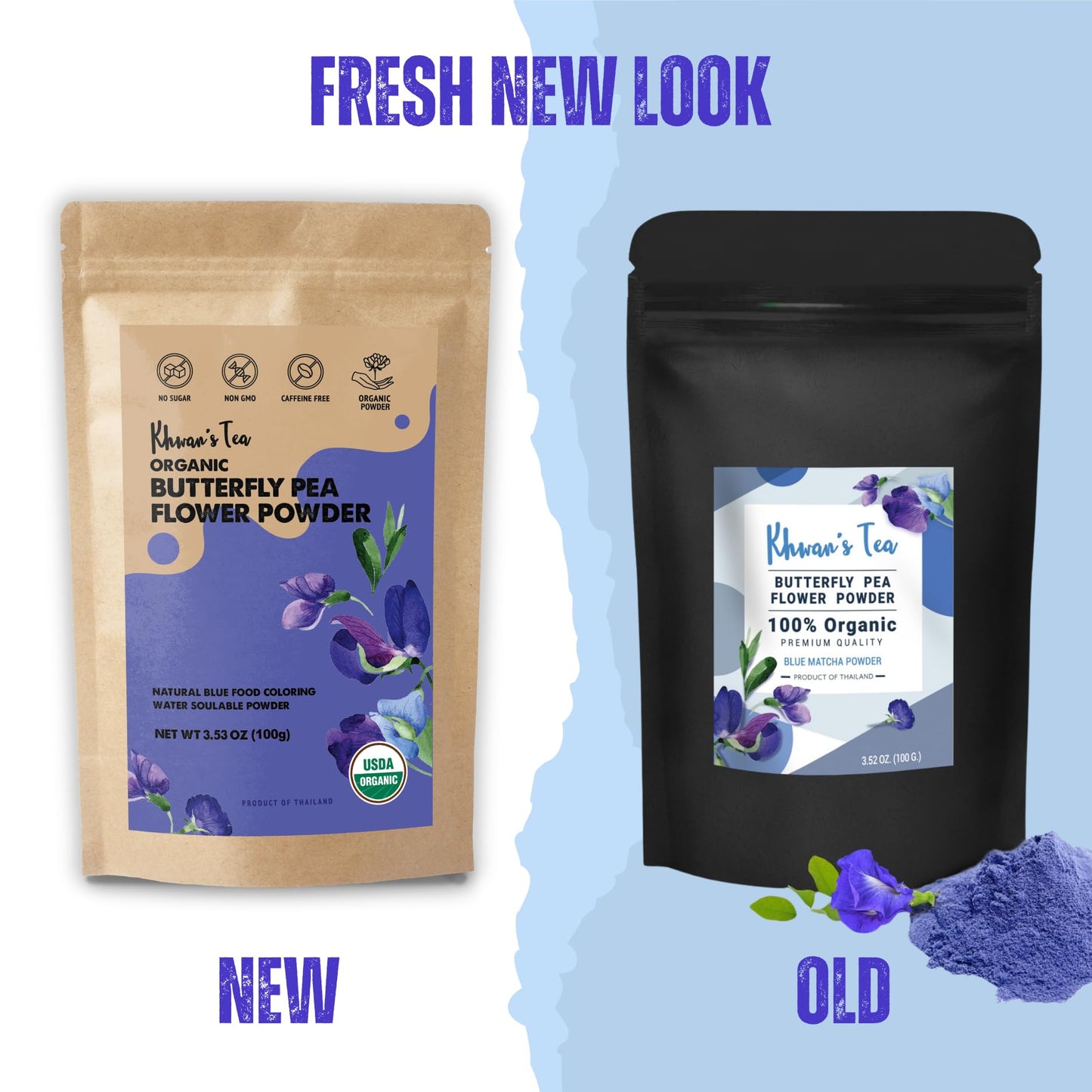 KHWAN'S TEA Butterfly Pea Flower Extract Powder, 3.5 oz(100g) USDA Organic, Vegan Blue Food Coloring, - Single-Origin Thai, Concentrated No Fiber
