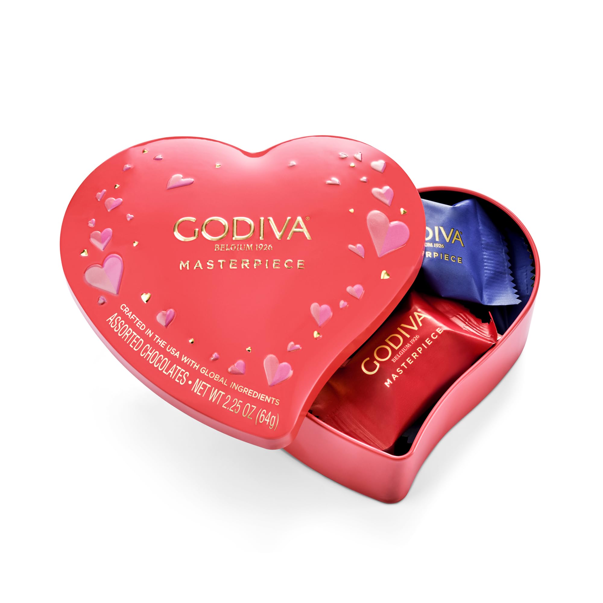 Godiva Masterpiece Heart Chocolate Gift Tin, Assorted Milk & Dark Chocolate with Ganache, Keepsake Gift for Birthday, Holidays, 7pc