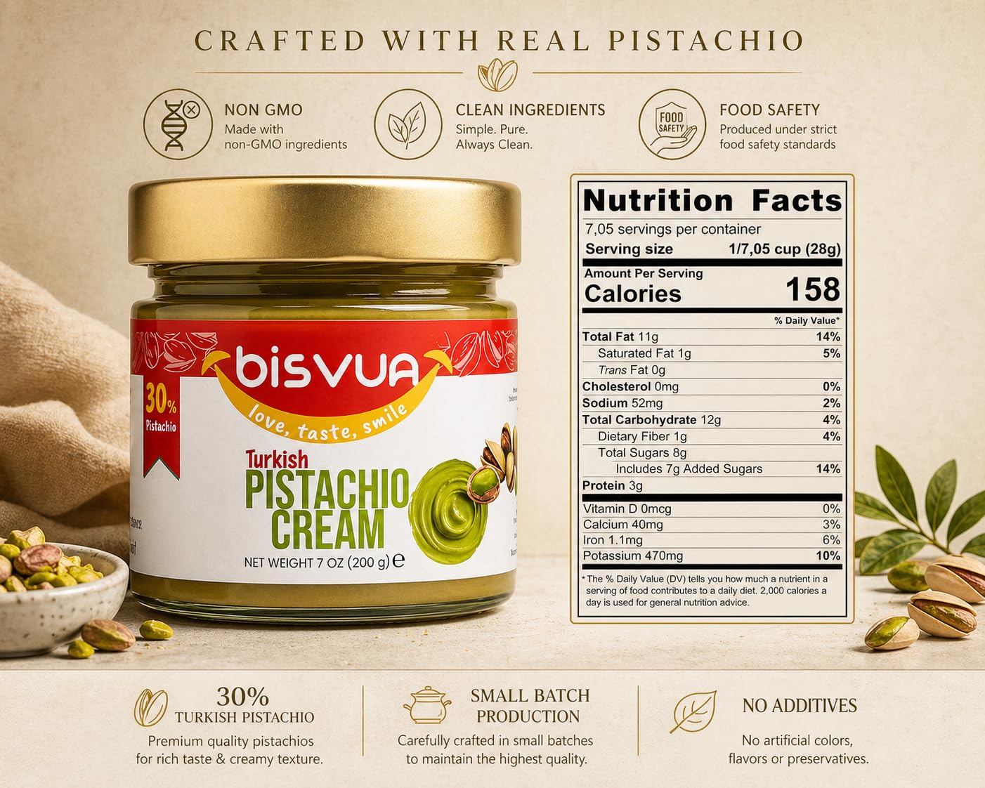 BISVUA Premium Pistachio Cream, 7 Oz (200g) - Natural Sweet Pistachio Butter Spread for Dubai Chocolate Bar, Knafeh & Kataifi | No Palm Oil