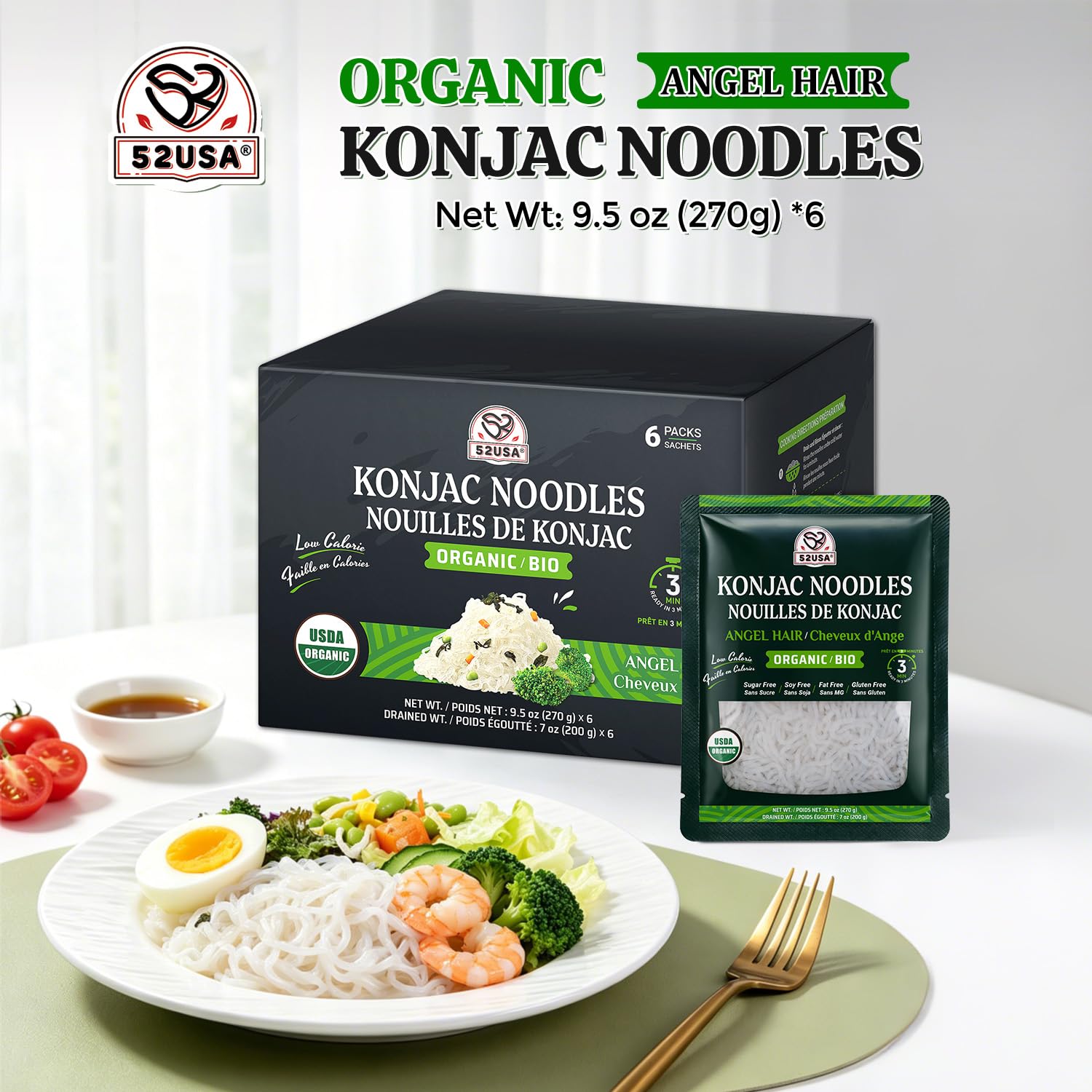 52USA Organic Konjac Angel Hair Noodle, 6-Pack (52.8 oz Total) - Low Carb, USDA Organic, Keto Friendly, Vegan, Sugar-Free, Gluten-Free, Ready to Eat