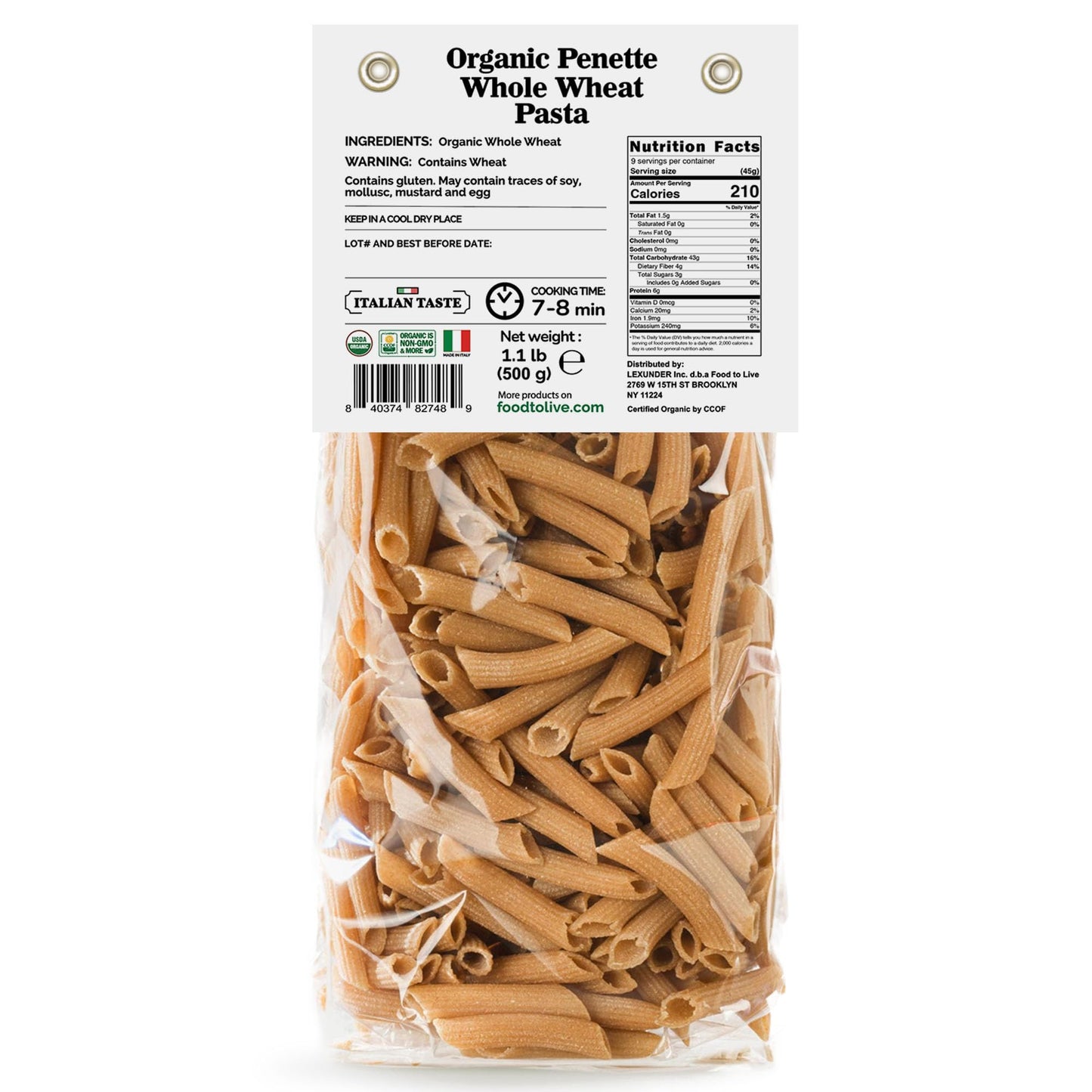 Food to Live Organic Pennette Whole Wheat Pasta 1.1 lb (Pack of 2) - Made in Italy. Pasta Integrale Bio. High Fiber, Non-GMO, Vegan, Bulk