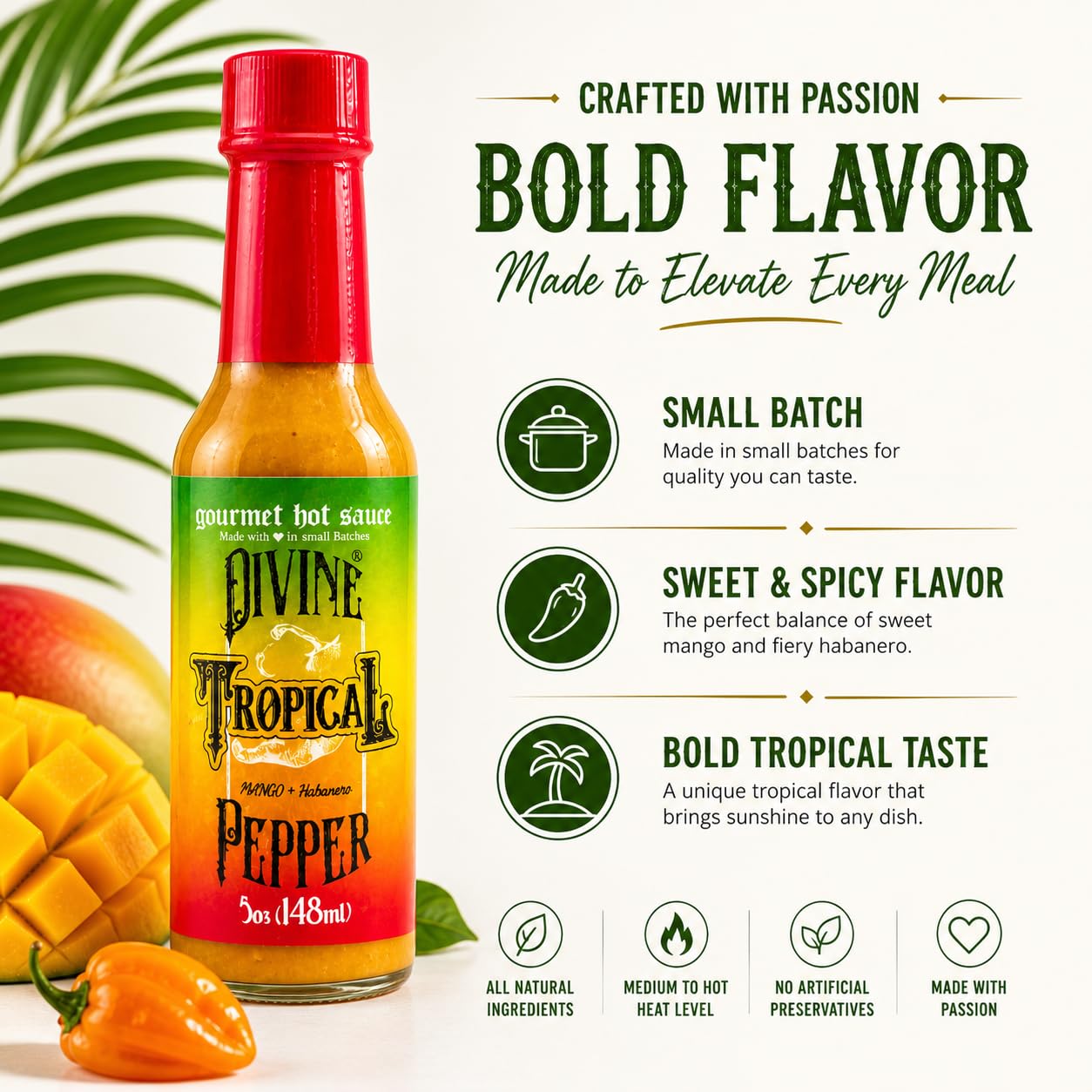 Divine Pepper Tropical Hot Sauce - Mango Habanero Pepper - Medium to Hot Heat - Small Batch Gourmet Sauce - Sweet & Spicy Flavor - Perfect for Meats