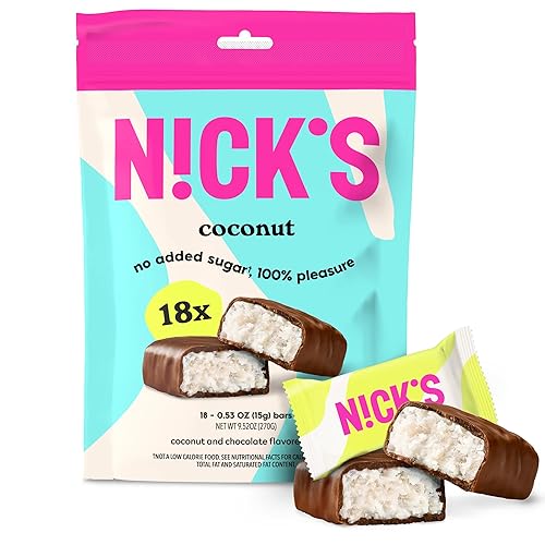 N!CK'S Keto Chocolate Mini Candy Bars - Coconut, No Added Sugar, Low Carb Snack, 140 Calories, Gluten-Free Sweets 18-Pack (15g Each)