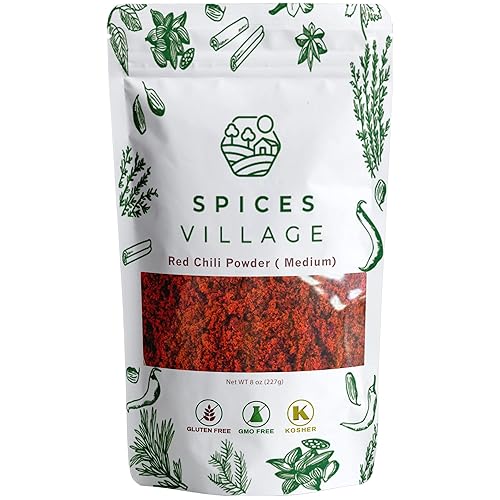 Spices Village Red Chili Powder, Medium Hot Ground Red Peppers for Cooking, 8 oz, Kosher Certified, Indian Chili Seasoning, Gluten Free, Non GMO