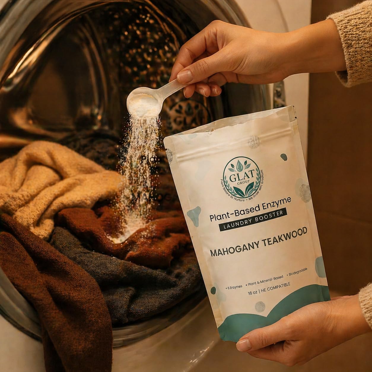 GLAT Group Enzyme Laundry Booster Powder - Mahogany Teakwood | Plant-Based, 6-Enzyme Blend for Maximum Stain & Odor Removal | Biodegradable, Boosts