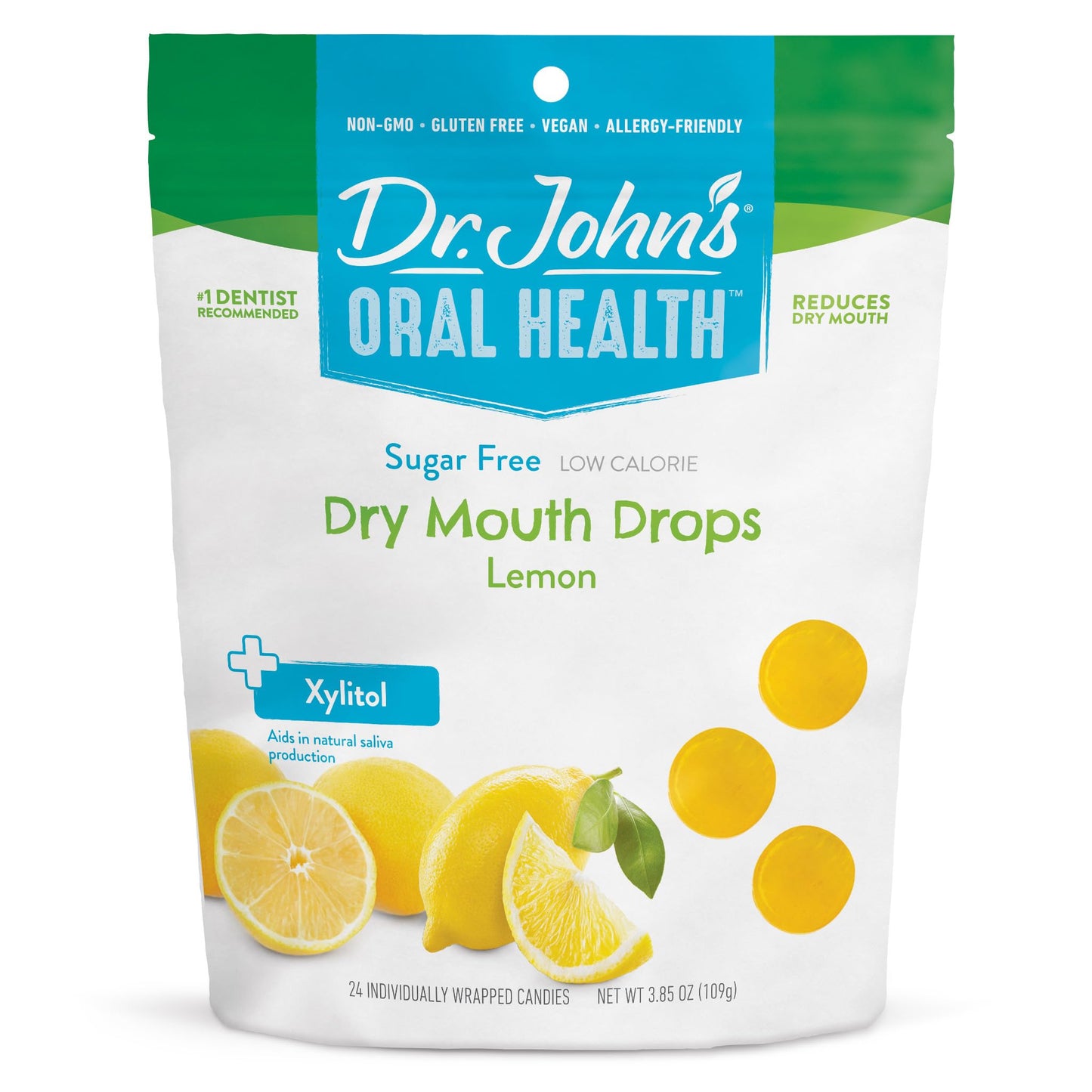 Dr. John’s Oral Health Sugar Free Candy, Healthy Dry Mouth Drops with Zero Sugar, Low Calorie Snacks, Keto Friendly Hard Candy Sweets, Lemon, 24