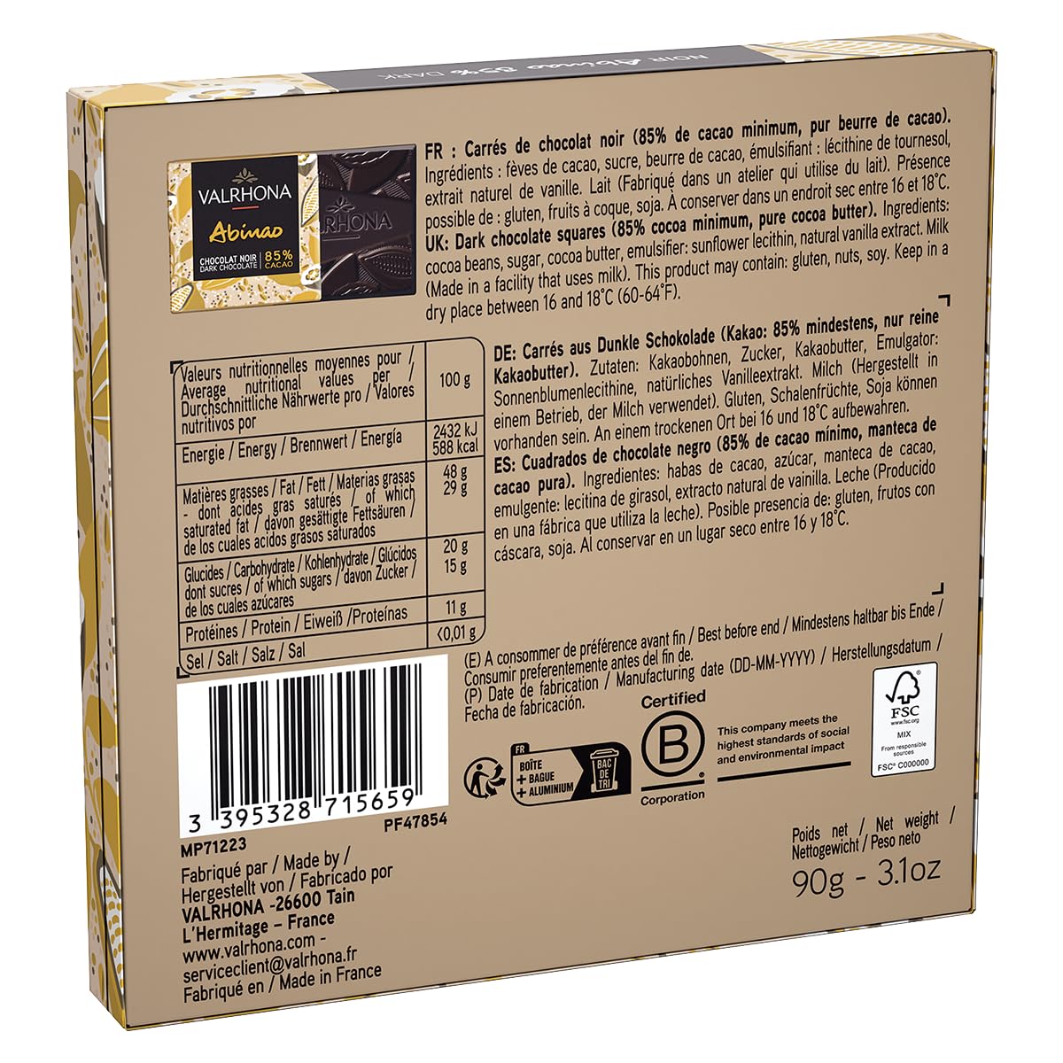 Valrhona Premium Dark Chocolate Gift Box ABINAO 85% Cacao 18 Squares with Powerful Cocoa Notes. Gourmet French Chocolate, Perfect Present