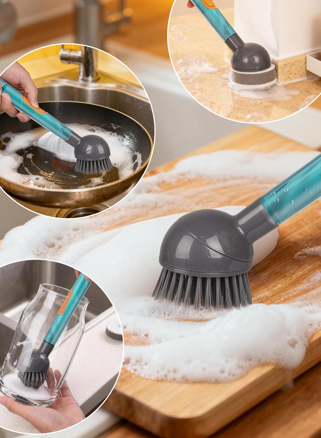 CuLiDing Soap Dispensing Dish Brush with Handle, 360° Rotating Head, 5-Piece Kitchen Cleaning Set (2 Brush Heads & 3 Sponges), Non-Scratch Scrubber