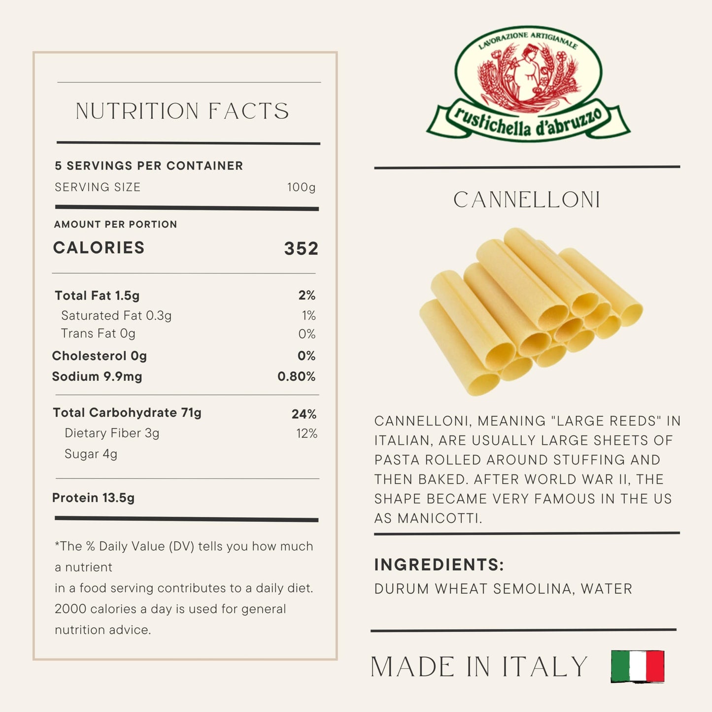 Rustichella d'Abruzzo Cannelloni - 20 Large Pasta Tubes for Stuffing - Classic Durum Wheat Pasta from Italy, Perfect for Baking