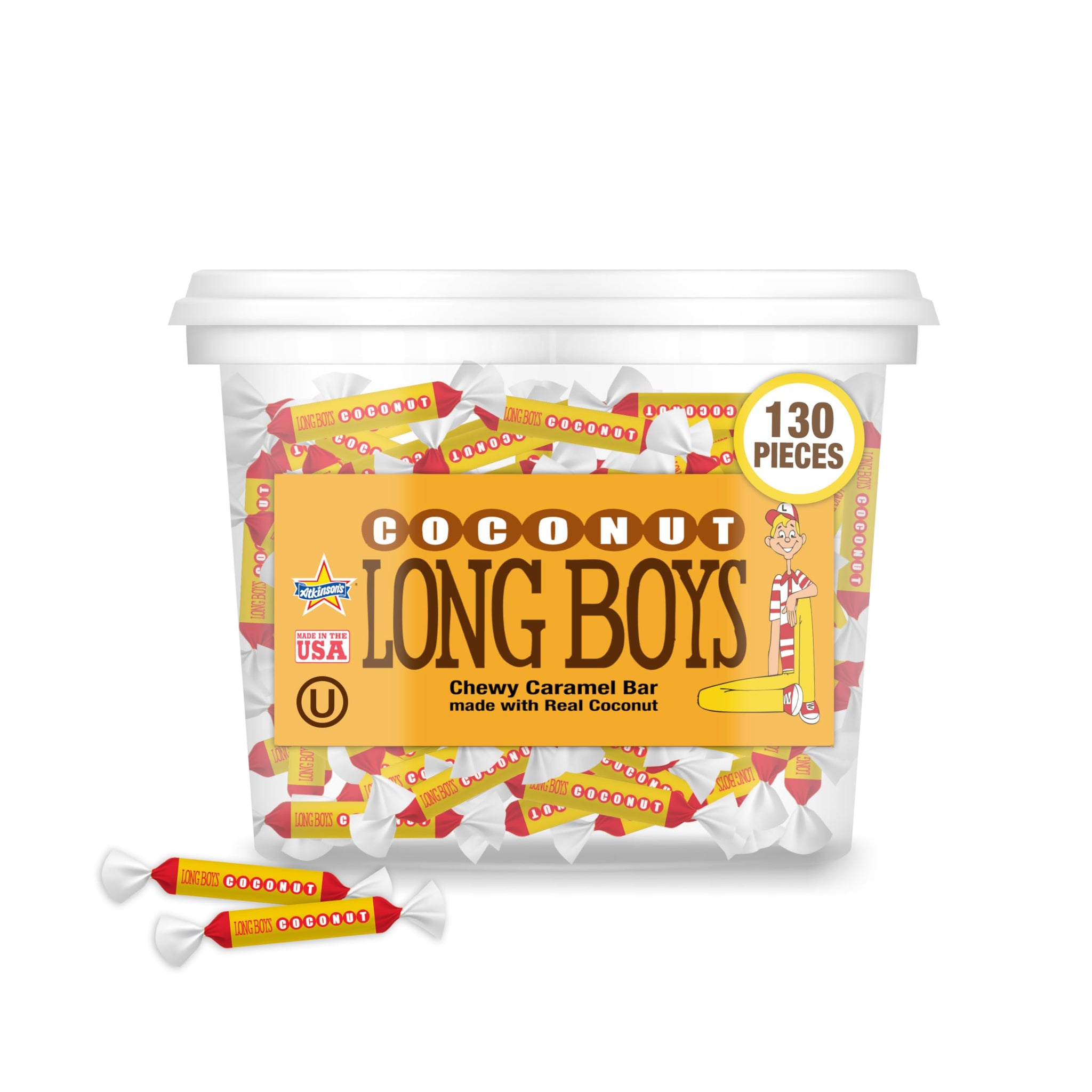 Atkinson's Long Boys Coconut - Creamy Caramels Infused with Real Coconut Flakes - Gluten Free, Kosher - 0.35 oz. Fun Size Candy - 130 Piece Tub