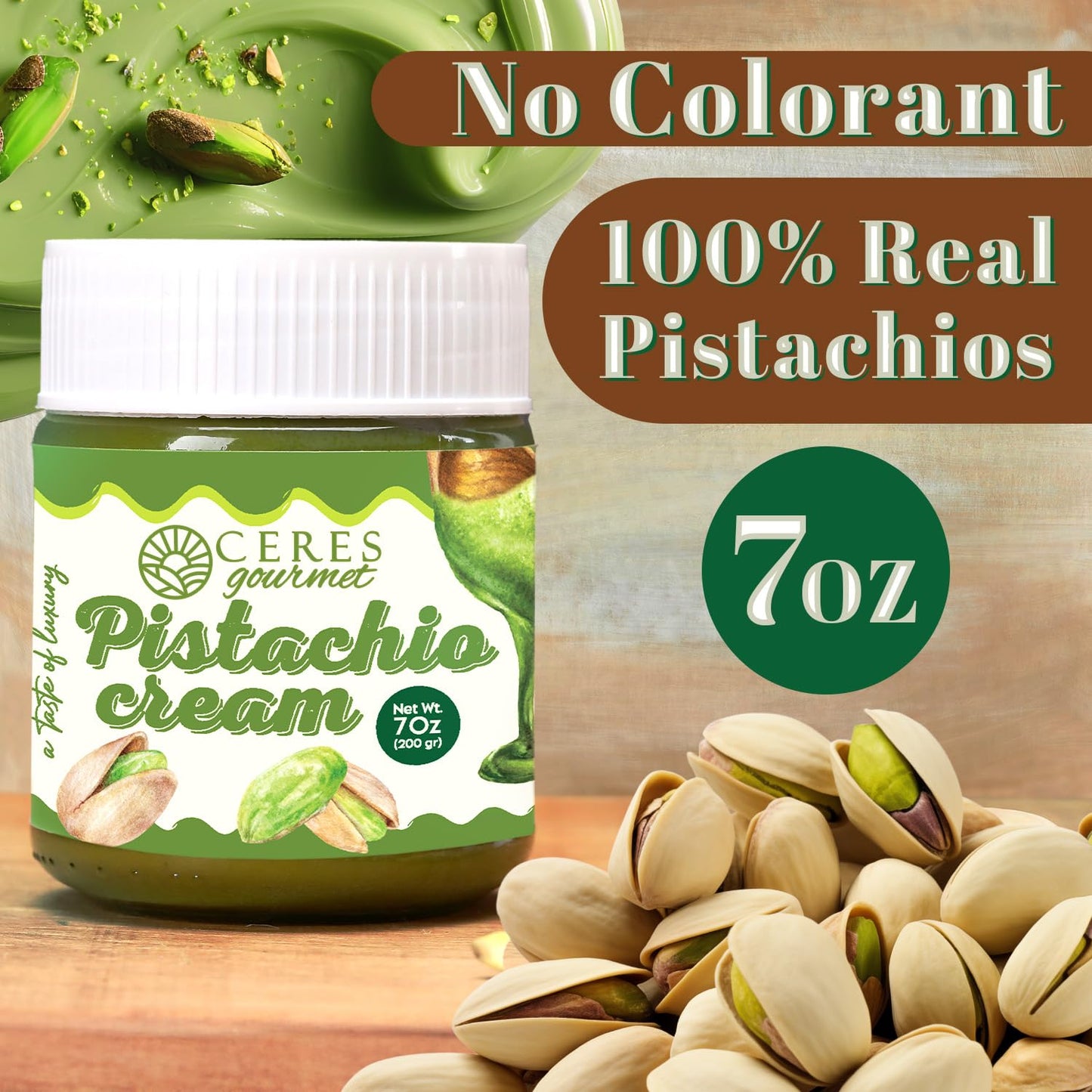 Ceres Gourmet Pistachio Cream Spread, 7 oz, 30% Real Pistachio Butter for Dubai Chocolate Bar Kit, Premium Crema de Pistacho, Smooth Gluten-Free No