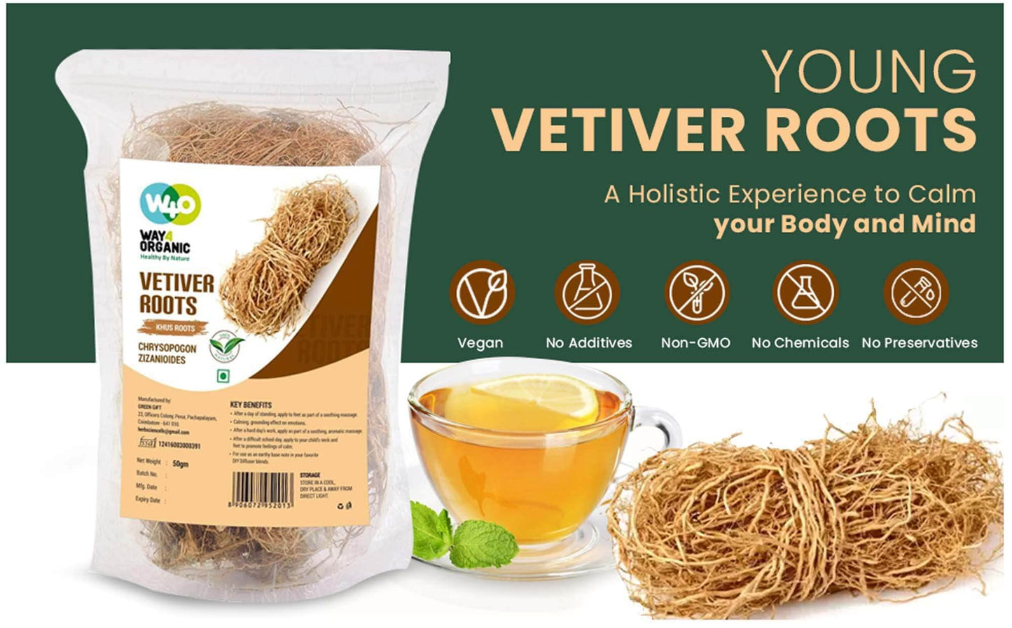 Vetiver Root/Dried Khus-Khus/Vetiveria Zizanioides (50 Grams), Young Roots Not Aged Matured Roots, Natural Herbal Coolant - Way4Organic (1 Pack)