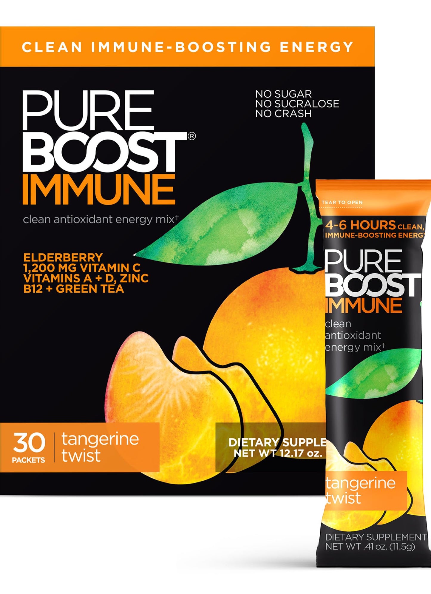 Pureboost Sugar-Free Immune Clean Energy Booster, Tangerine Twist 30 Count, Refreshing Energy Drink Mix and Immunity Supplement with Elderberry, 1,200