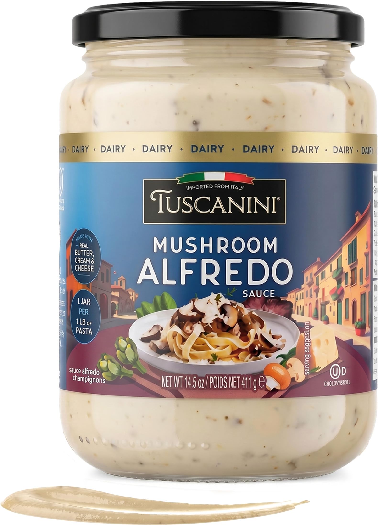 Tuscanini Mushroom Alfredo Sauce, 14.5 oz | Imported from Italy | Made with Real Butter, Cream & Cheese | Creamy Mushroom Pasta Sauce for Fettuccine