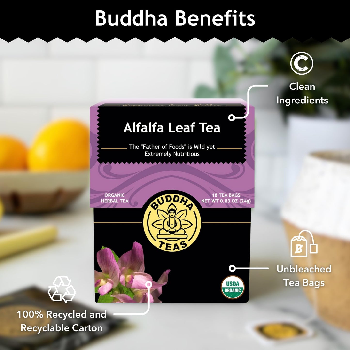 Buddha Teas - Alfalfa Leaf Tea - Herbal Tea - For Health & Wellbeing - With Vitamins, Minerals & Antioxidants - Clean Ingredients - Caffeine Free - OU