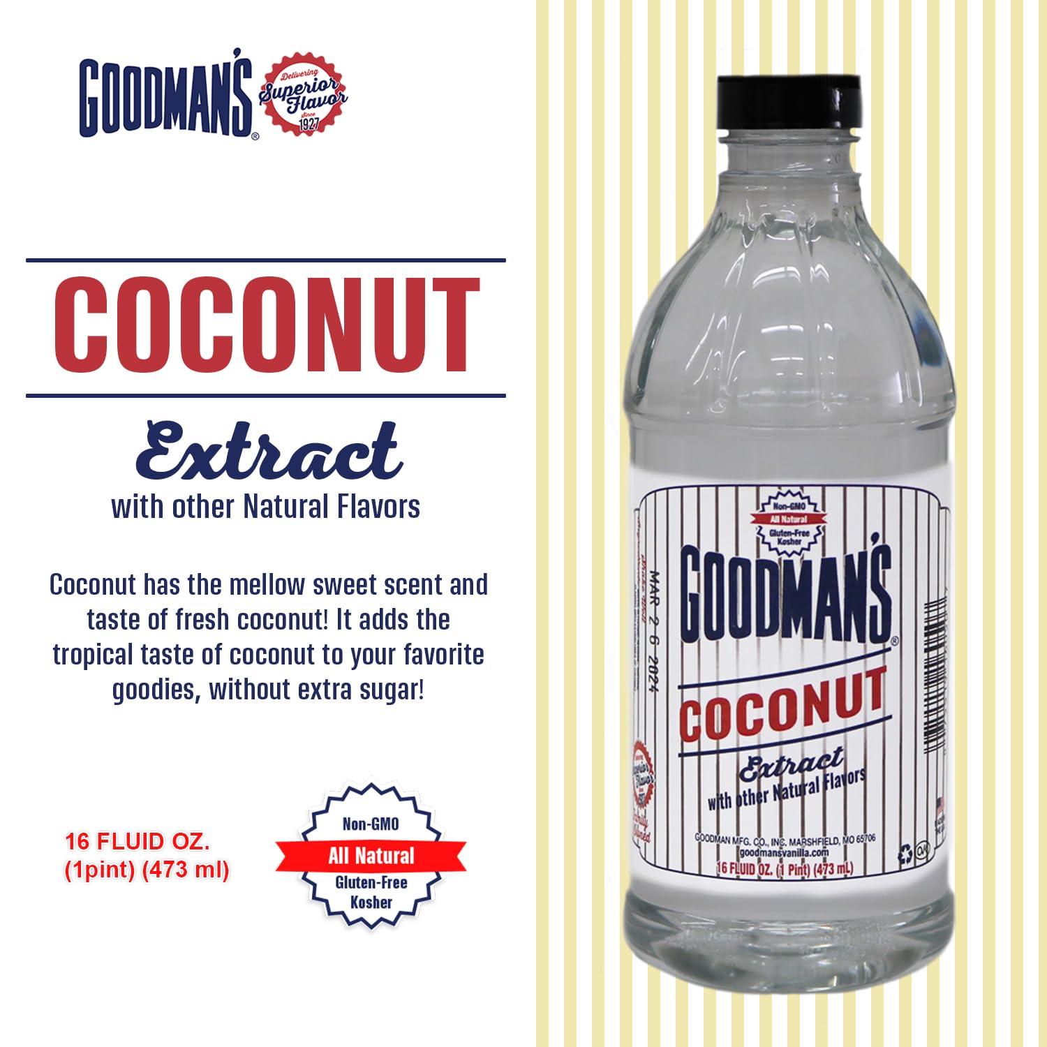 Goodman's Coconut Extract - Gluten-Free, Non-GMO, Kosher - Enhance Your Recipes with Tropical Coconut! Ideal for Whipped Toppings, Puddings, Cakes