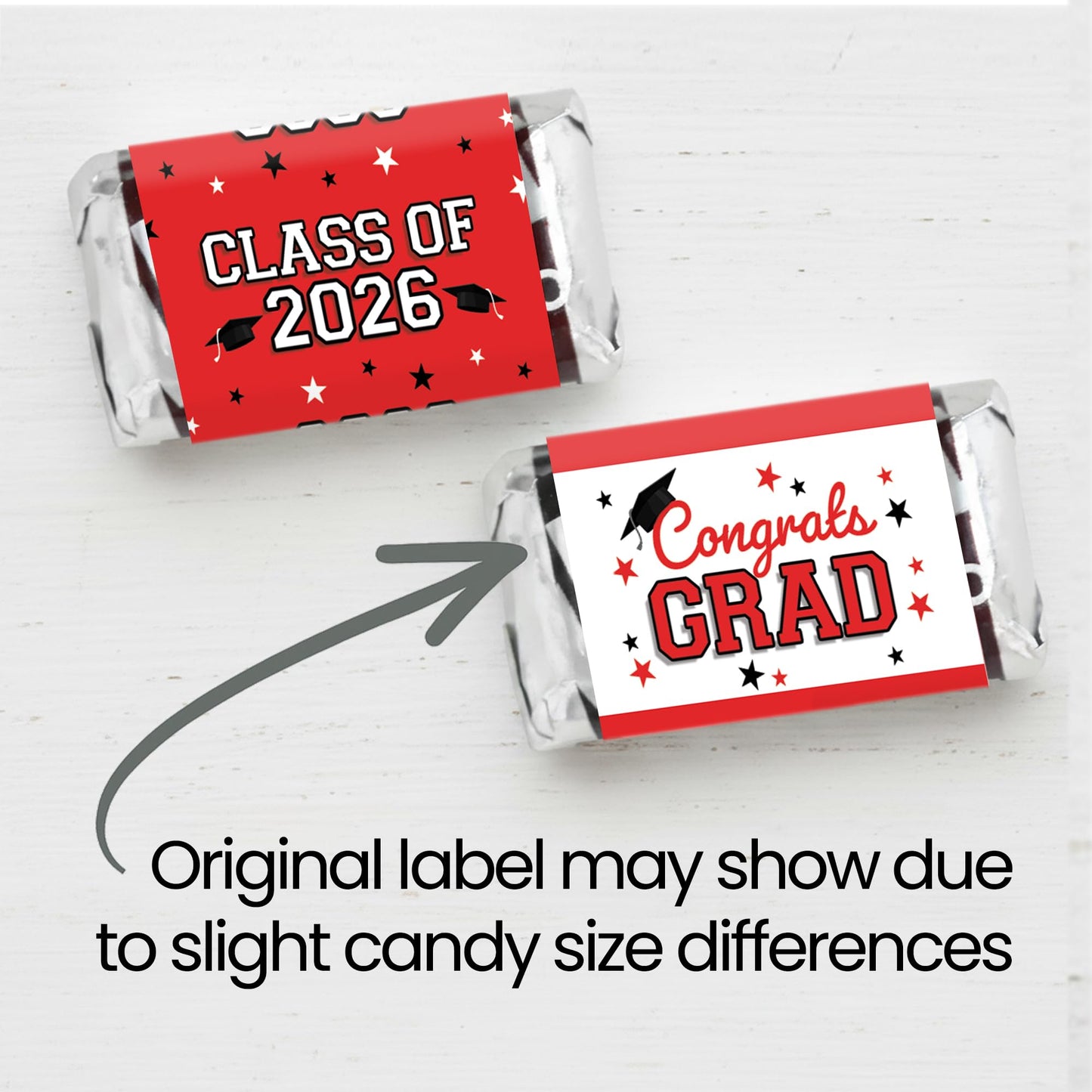 DISTINCTIVS Class of 2026 Graduation Mini Candy Bar Wrappers - Party Favor Stickers for Miniature Chocolate Bars - 42 Count (Red)