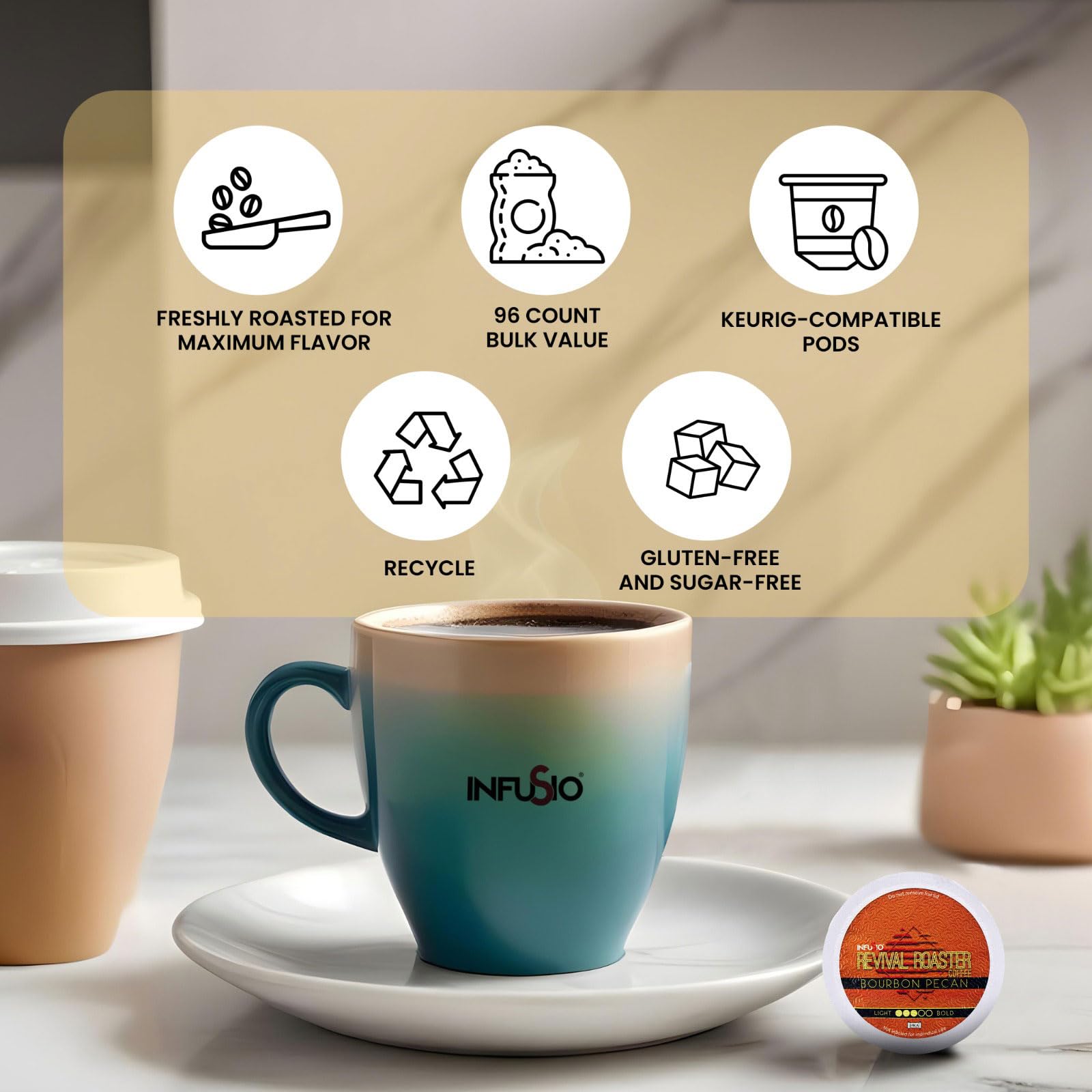 InfuSio Coffee Pods Variety Pack - 96 Count, 12 Crafted Medium & Dark Roast Blends and Artisan-Inspired Flavors Like Bourbon Pecan & Butter Toffee
