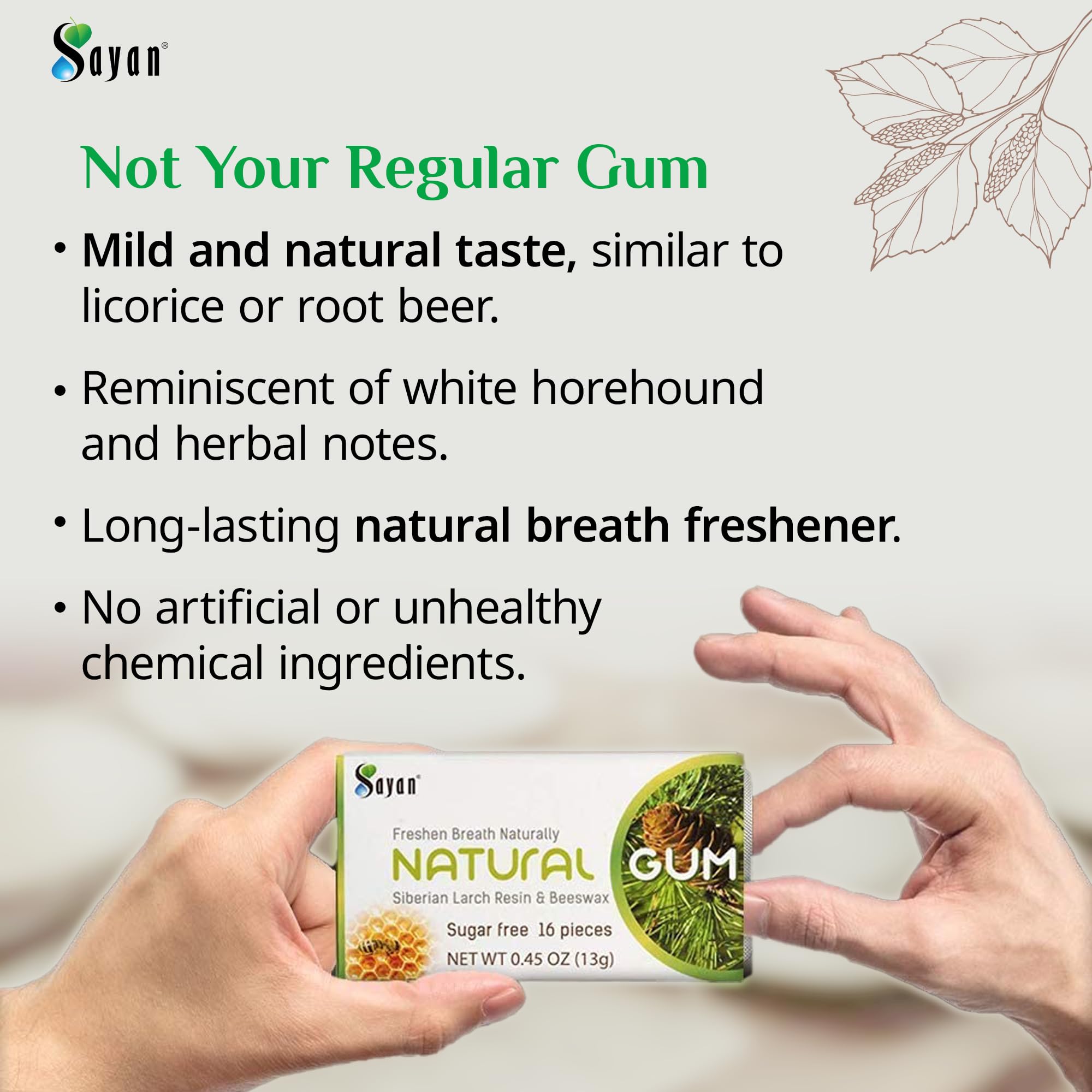 Sayan Sugar-Free All Natural Siberian Larch Tree Resin and Beeswax Chewing Gum - 1 Pack (16 Pieces) for Fresh Breath - Vegetarian, Non-GMO, Gluten