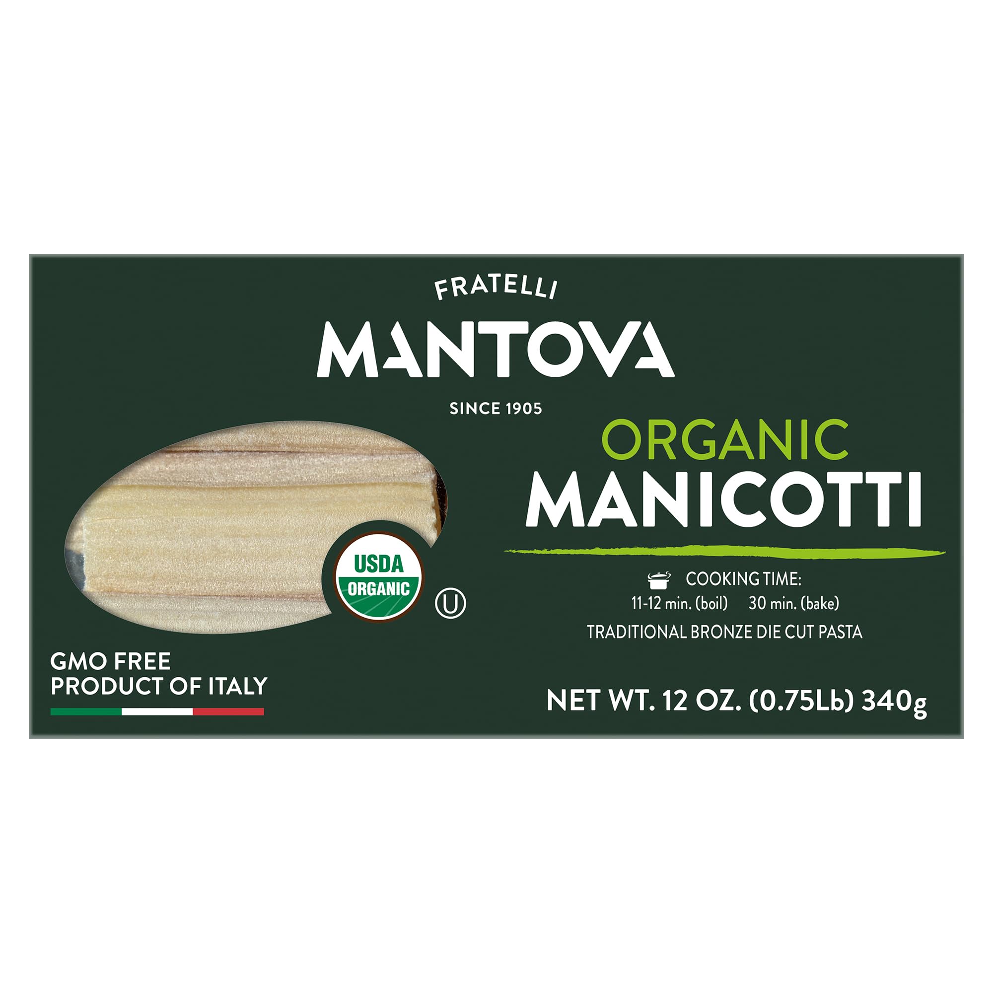 Mantova Organic Manicotti Pasta - Pack of 3, Product of Italy - Bronze cut, Large Tube Italian Pasta for Stuffed Manicotti, Baked Pasta Recipes