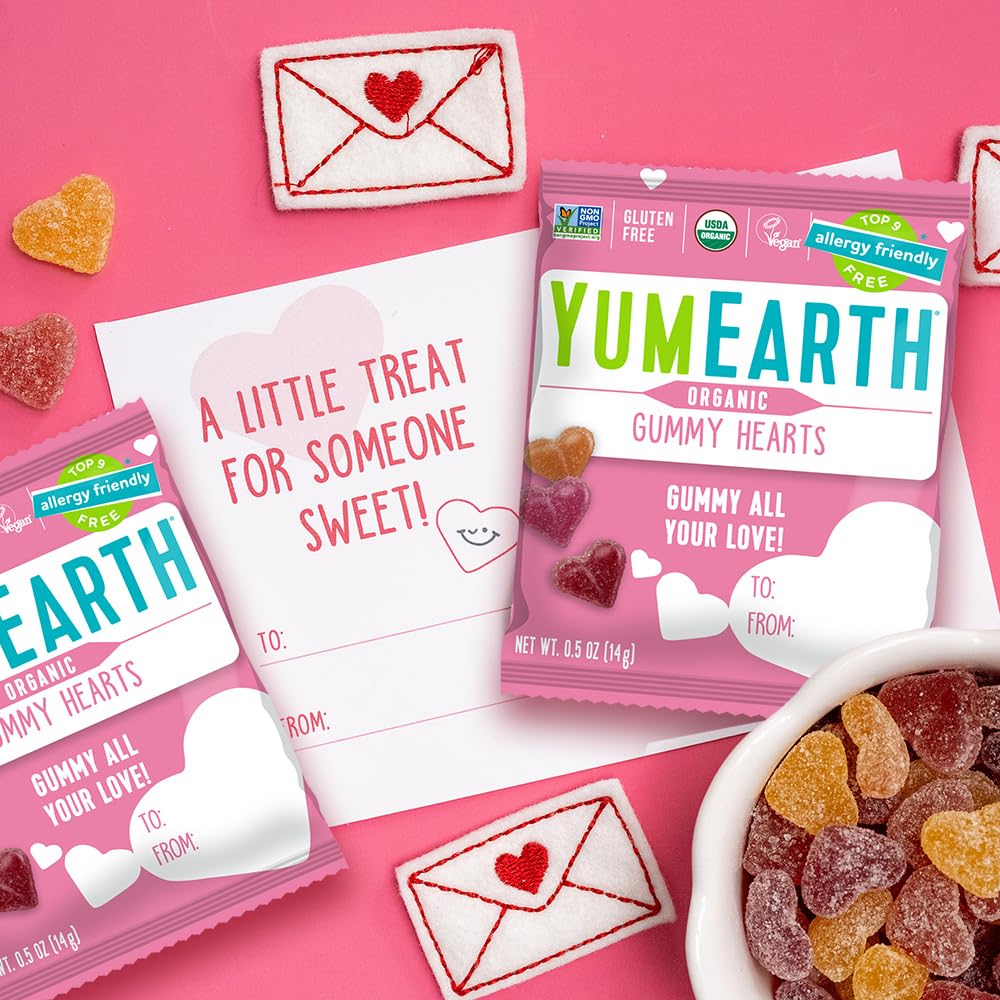 YumEarth Organic Valentine Sugarcoated Gummy Fruit Hearts - Fruity Candy, Gluten Free Snacks for Kids - Allergy Friendly, Non-GMO, No Artificial Dyes