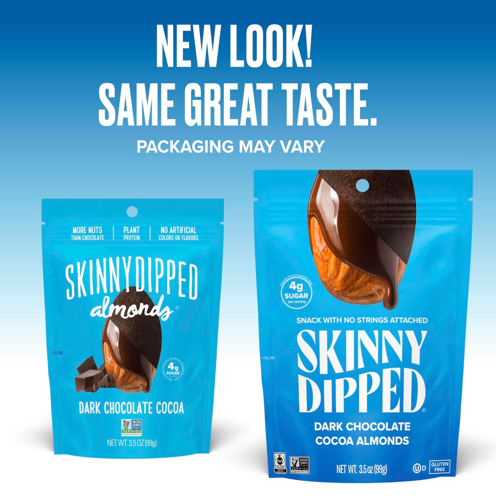 SkinnyDipped Dark Chocolate Cocoa Almonds, Healthy Snack, Plant Protein, Gluten Free, 3.5 Oz Resealable Bag, Pack of 1