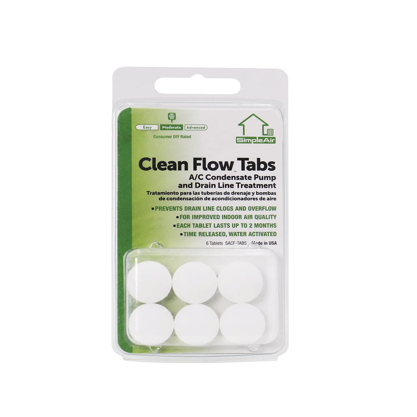 SimpleAir SACF Drain Line Clean Flow Tabs, for AC Units, HVAC Systems, Dehumidifiers, Condensate Drain Line Applications, 6 Count (1 Pack)