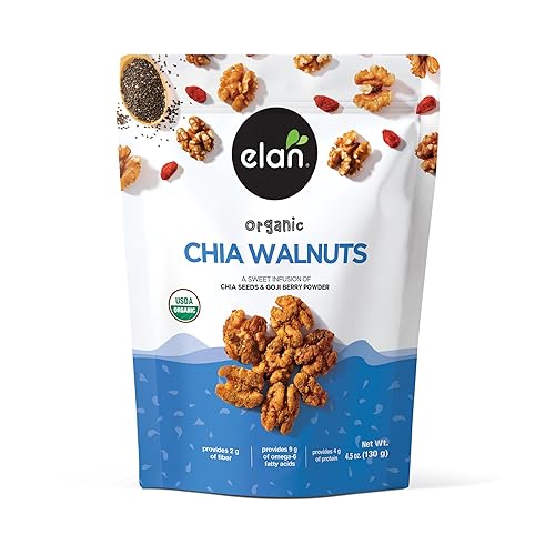 Elan Organic Chia Walnuts, 4.5 oz, Non-GMO, Gluten-Free, Vegan, Kosher, Healthy Snacks, Glazed Nuts with Chia Seeds, Goji Berry Powder & Himalayan