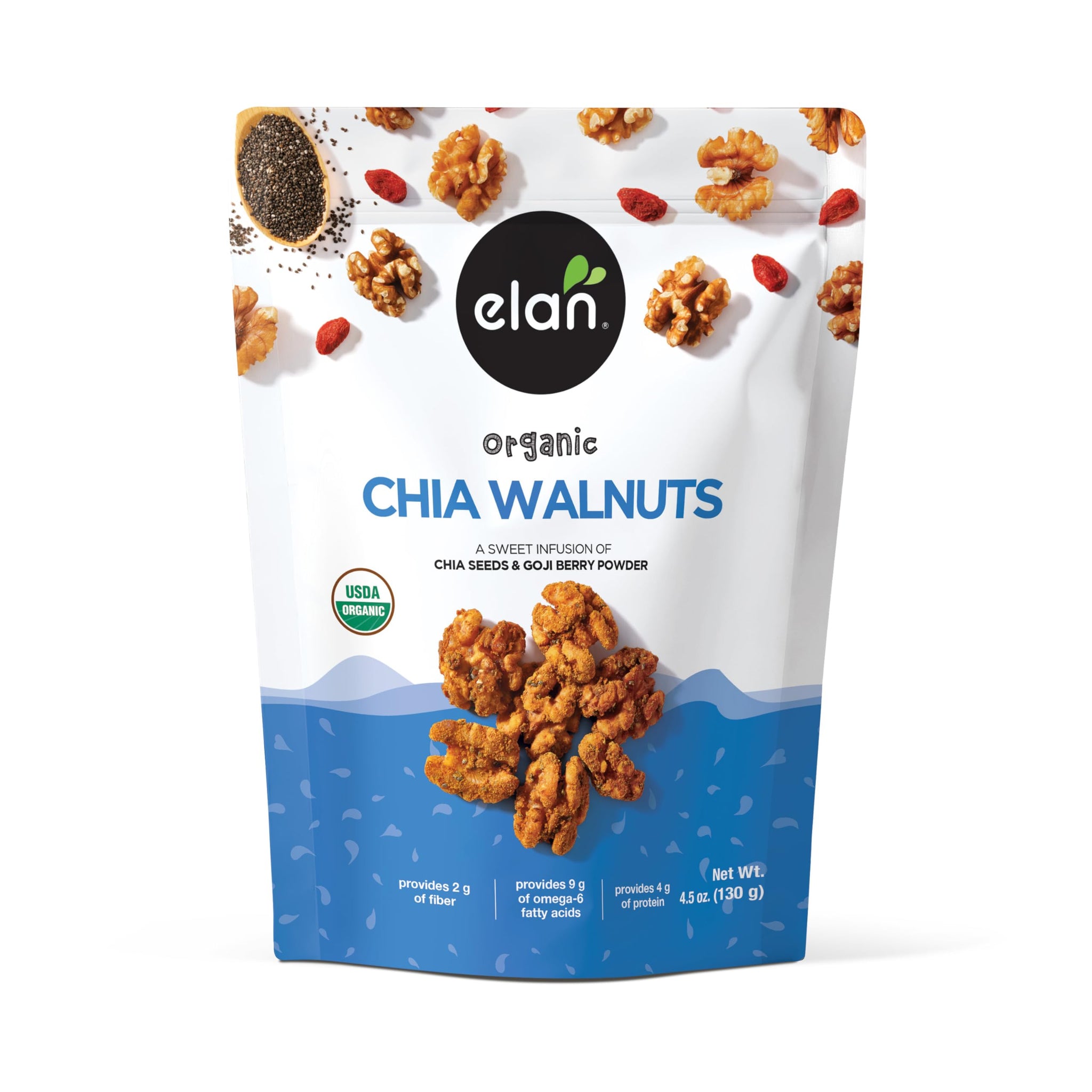 Elan Organic Chia Walnuts, 4.5 oz, Non-GMO, Gluten-Free, Vegan, Kosher, Healthy Snacks, Glazed Nuts with Chia Seeds, Goji Berry Powder & Himalayan