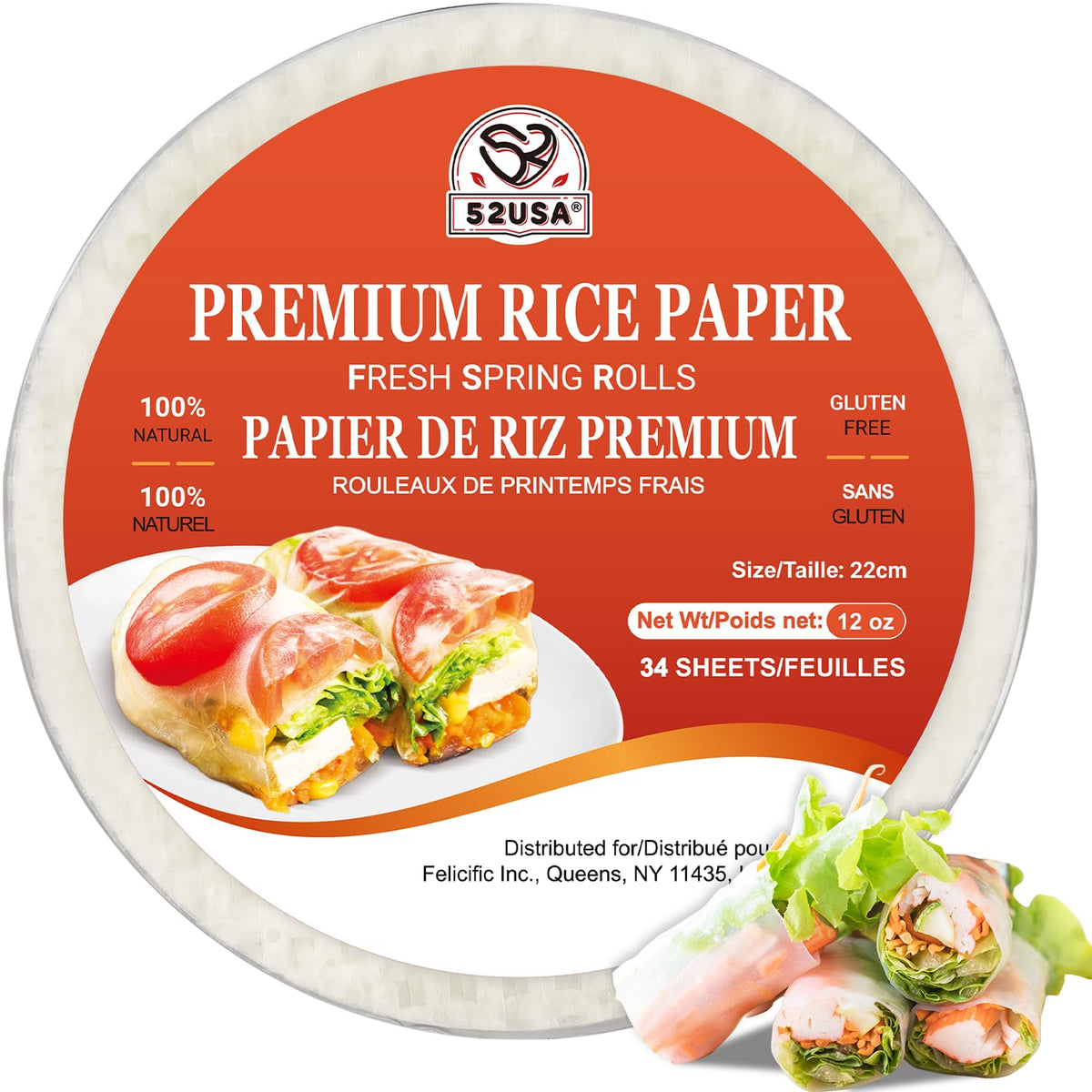 52USA Rice Paper, 1 Pack 34 Sheets, Spring Roll Wrappers & Dumplings