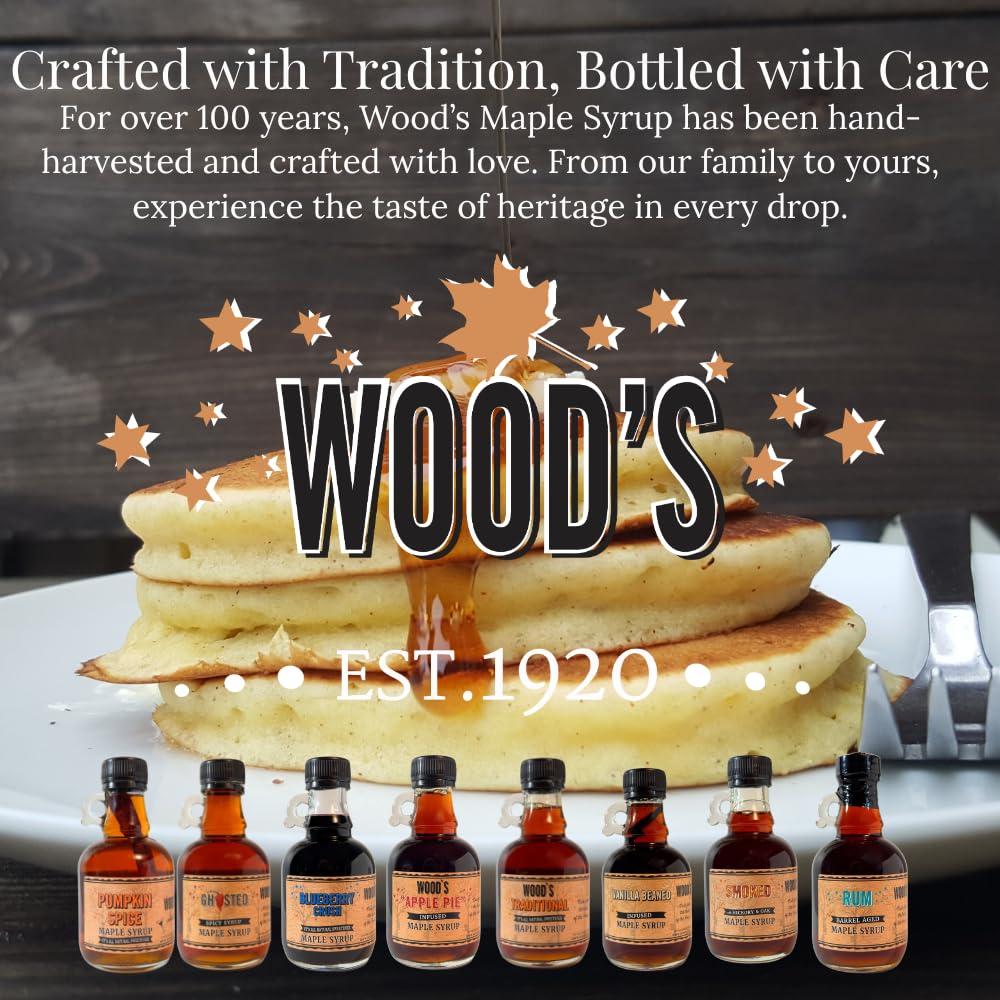 WOOD'S Vermont Bourbon Barrel Aged Maple Syrup - Premium Maple Syrup with Rich Flavor & Subtle Bourbon Notes - Ideal for Pancakes, Desserts