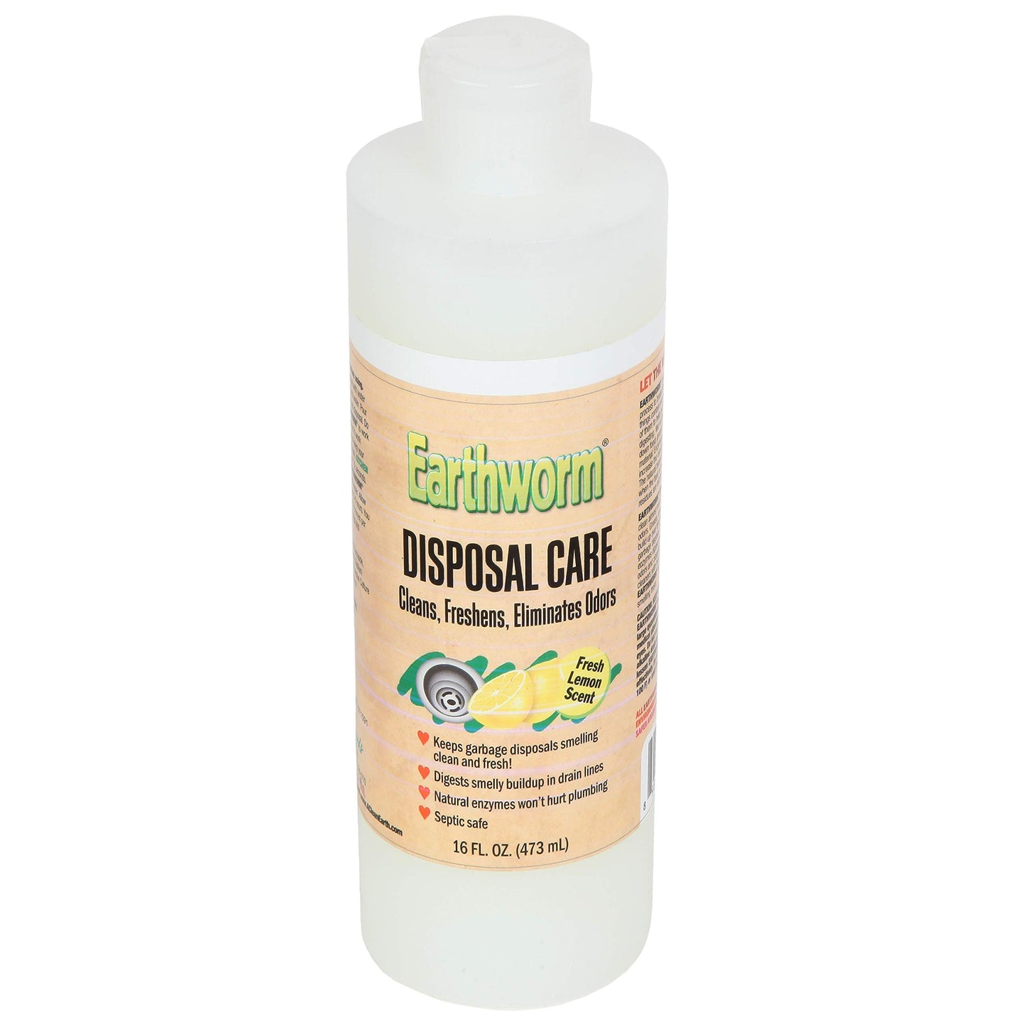 Earthworm Garbage Disposal Cleaner and Odor Eliminator/Disposal Care Removes Buildup, Cleans, and Freshens your Kitchen Sink - 16 Oz, Fresh Lemon
