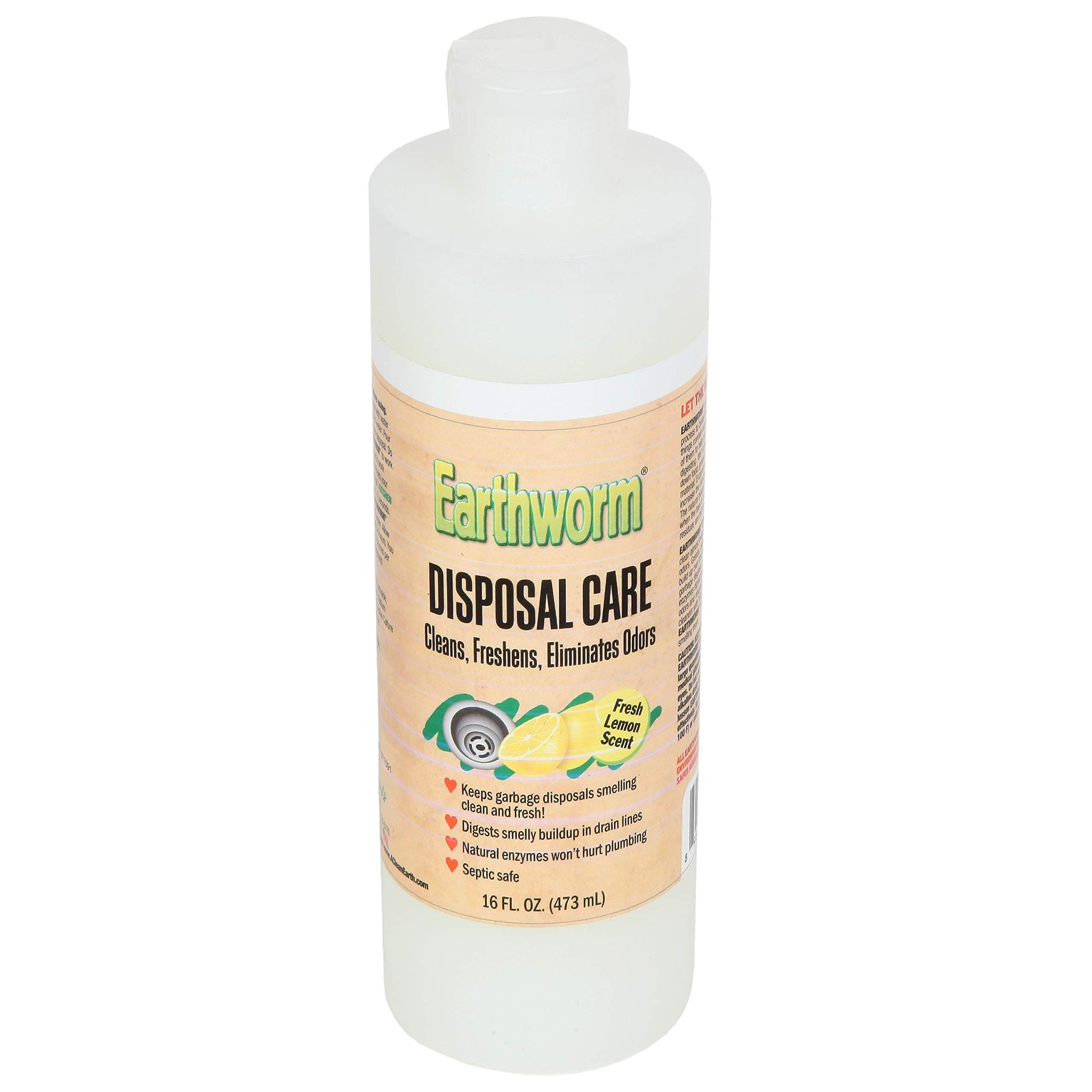 Earthworm Garbage Disposal Cleaner and Odor Eliminator/Disposal Care Removes Buildup, Cleans, and Freshens your Kitchen Sink - 16 Oz, Fresh Lemon