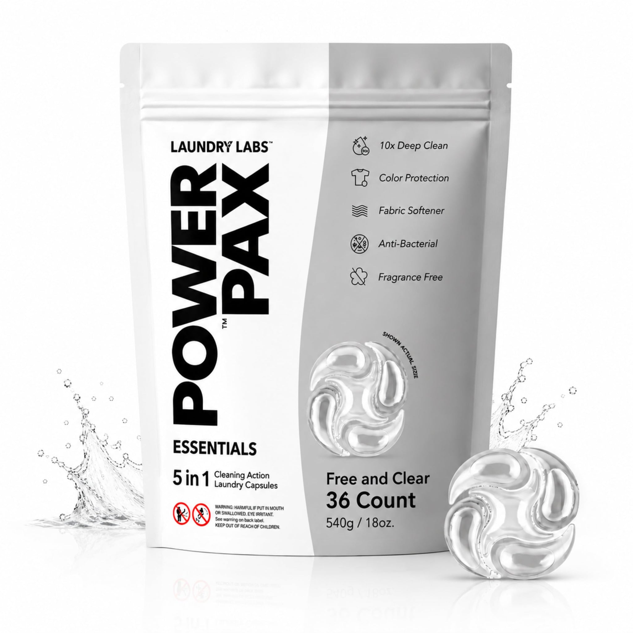 PowerPax Laundry Detergent Pods, 36 Count 5-in-1 Laundry Pods with Enzyme Stain Remover, Odor Control, Fabric Softener & Color Care, Washer Pods