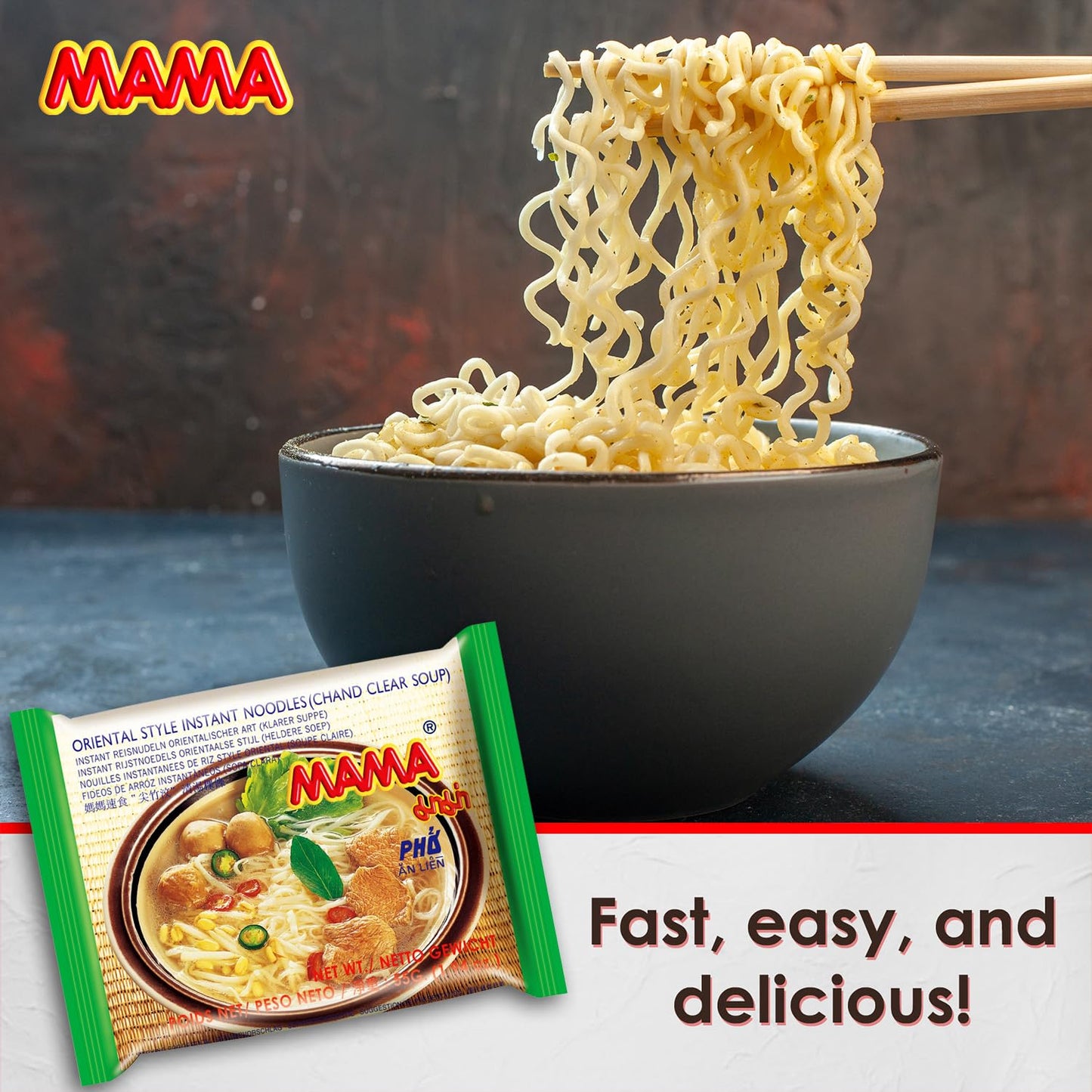 MAMA Noodles Chand Clear Soup Instant Rice Noodles w/Delicious Thai Flavors, Hot & Spicy Noodles, No Trans Fat w/Fewer Calories Than Deep Fried