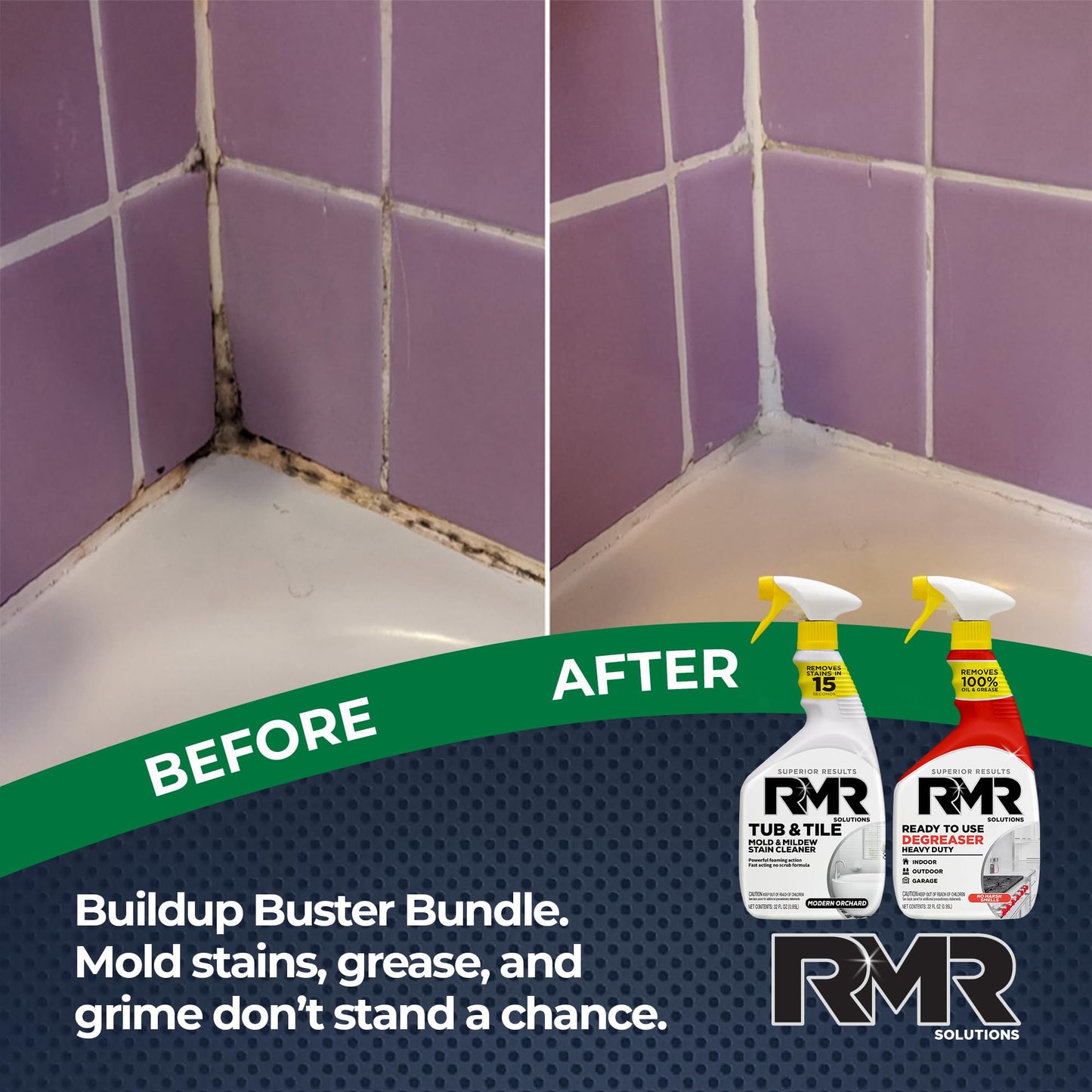 RMR Grime To Shine System - Tub & Tile Stain Remover + Ready to Use Degreaser, 2-Step Bathroom and Surface Cleaning Bundle for Tile, Grout, Shower