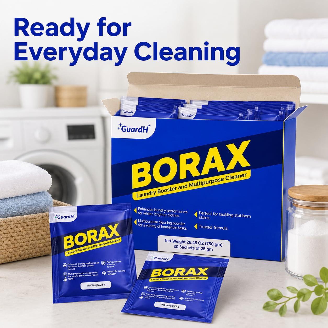GuardH Borax Multipurpose Cleaner 750g 30 Sachets Natural Mineral Laundry Booster and Household Cleaning Powder for Stains Odor and Grout Eco-Friendly