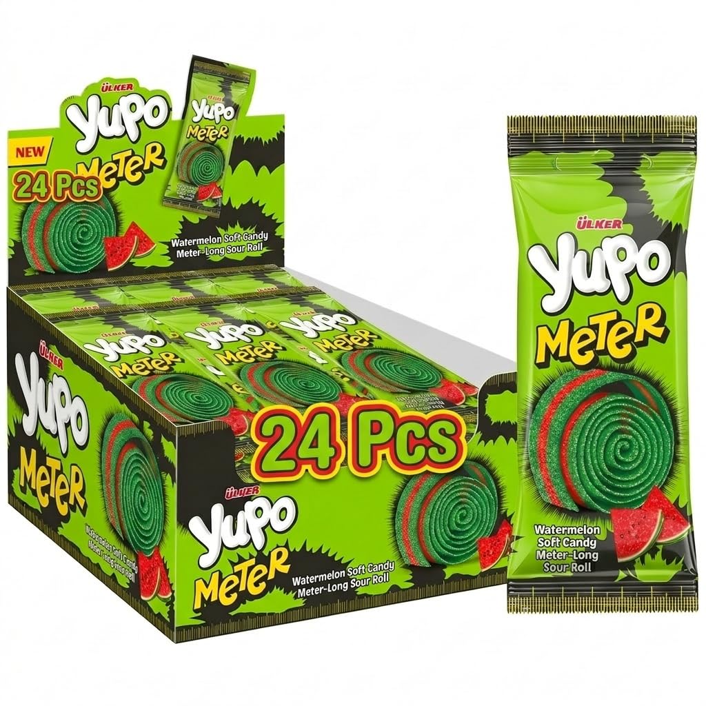 Ceres Gourmet Sour Gummy Bulk Candy Belts 24 Pack (1.76oz Each) Individual Packets, Watermelon Flavored Sugar Coated Ribbon Candy Strips, Soft Chewy