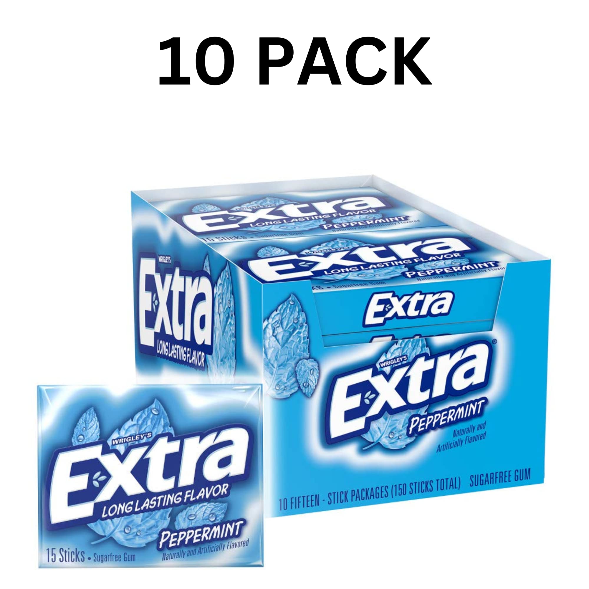 LAIBY Long Lasting Flavor Peppermint Extra Gum | Sugar Free Chewing Mega Pack Bulk 15 Pieces (Pack of 10)