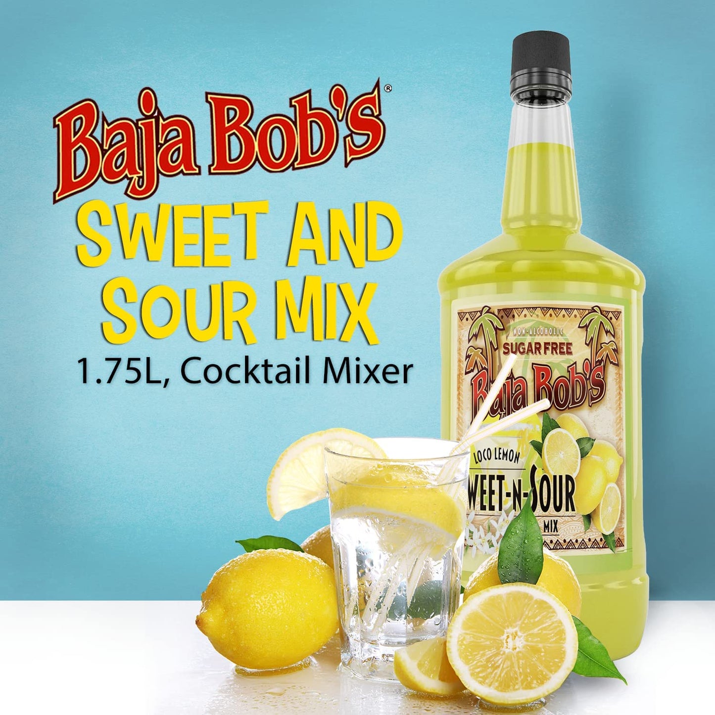 Baja Bob's Sweet n Sour Mix 1.75 L Bottle - Sugar Free Cocktail Mixer - Keto Friendly - Low Calorie - Low Carb - Non-Alcoholic Margarita Mix