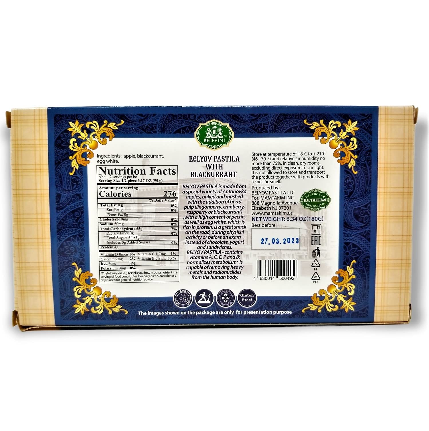 Belevini Tasty and Healthy Belyov Pastila with Blackcurrant, Handmade, Made from Baked Apples, No Sugar Added, Gluten-free, Pack of 3